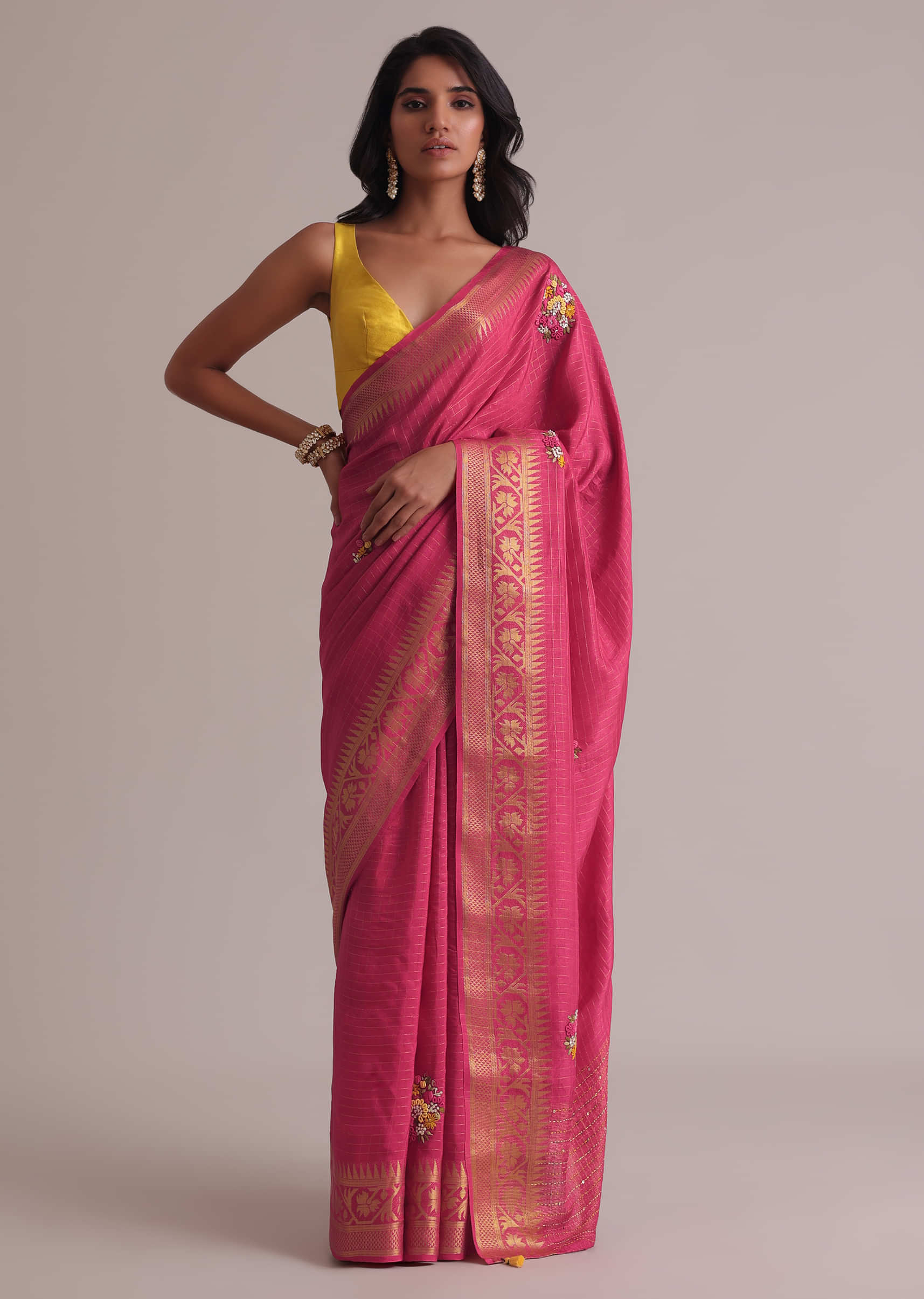 Coral Pink Saree In Georgette Tussar With Brocade, Zari, And Resham 3D Bud Embroidery