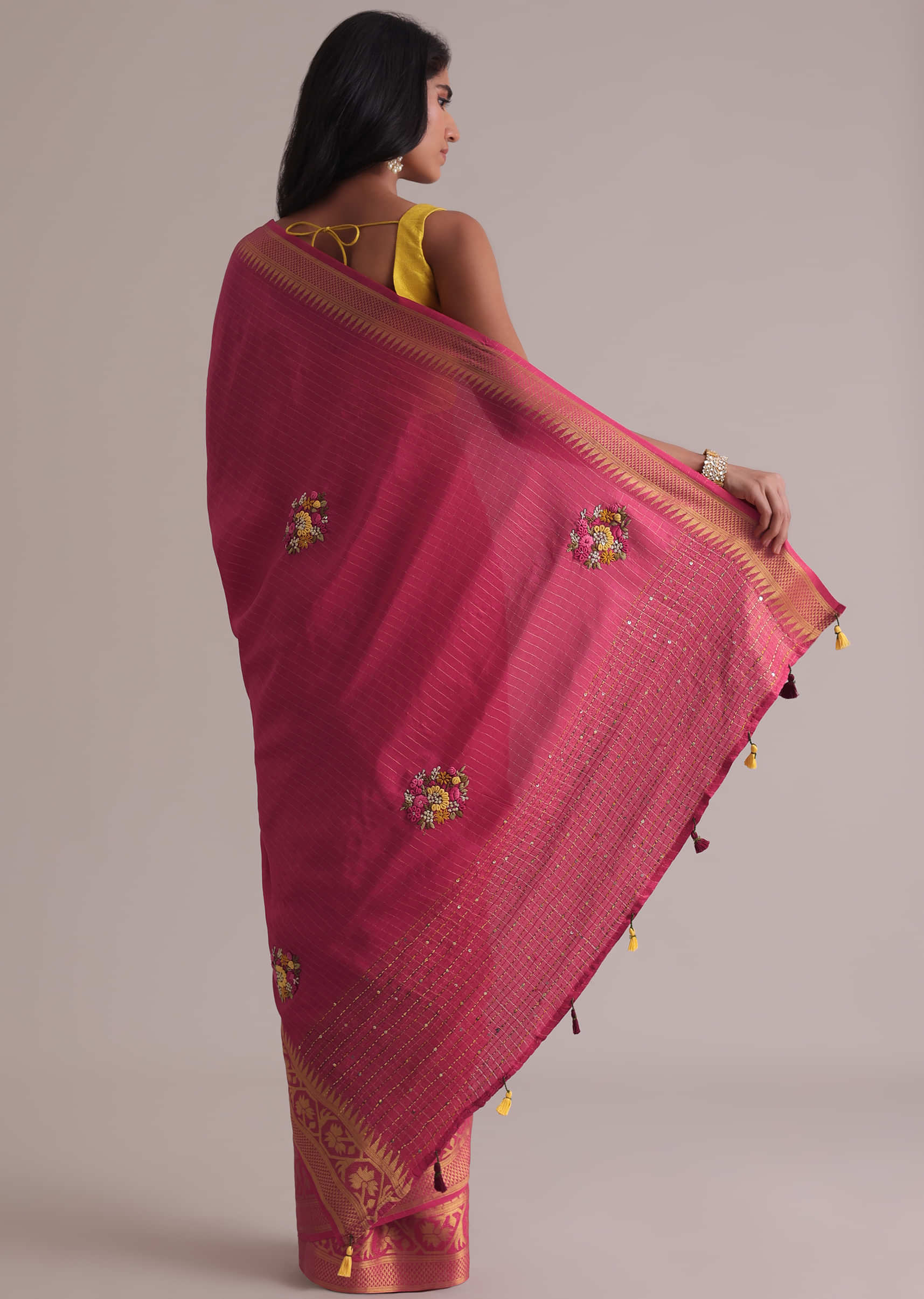 Coral Pink Saree In Georgette Tussar With Brocade, Zari, And Resham 3D Bud Embroidery