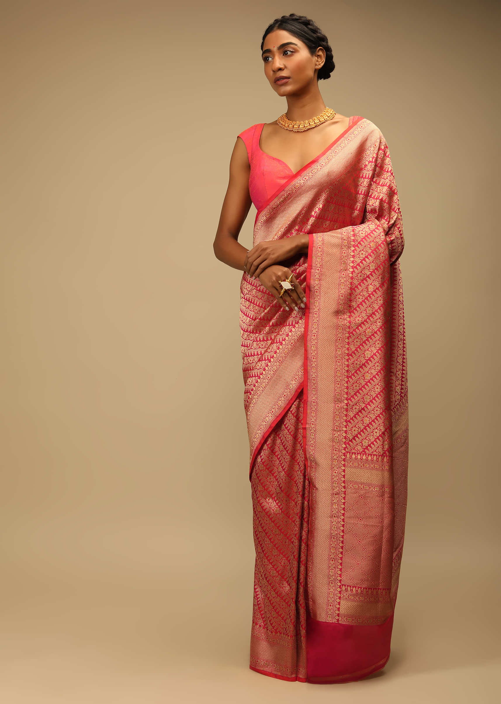 Coral Two Toned Saree In Pure Handloom Silk With Woven Floral Design In Diagonal Pattern 
