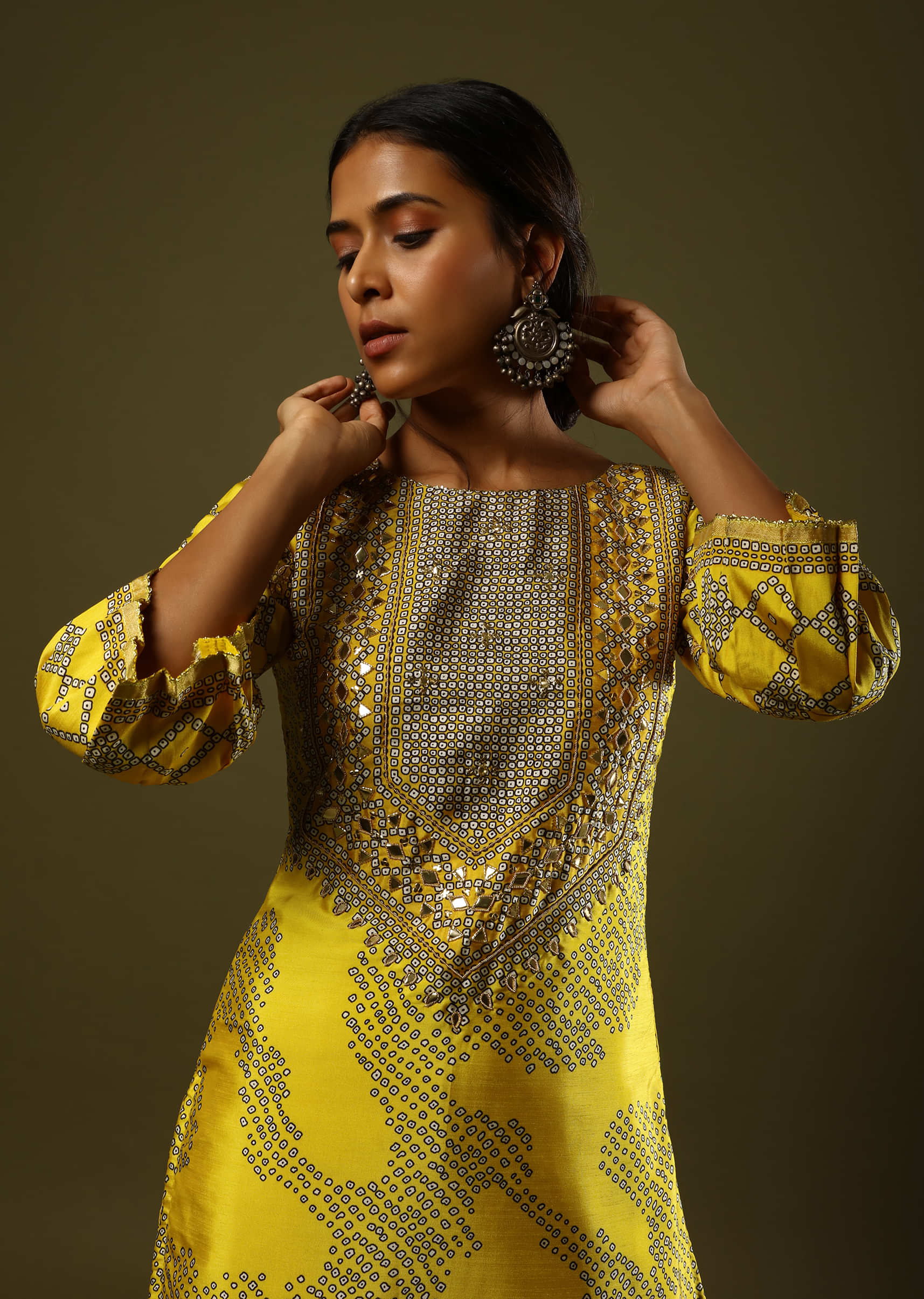 Corn Yellow Palazzo Suit In Silk With Digital Printed Bandhani Motif And Foil Work  