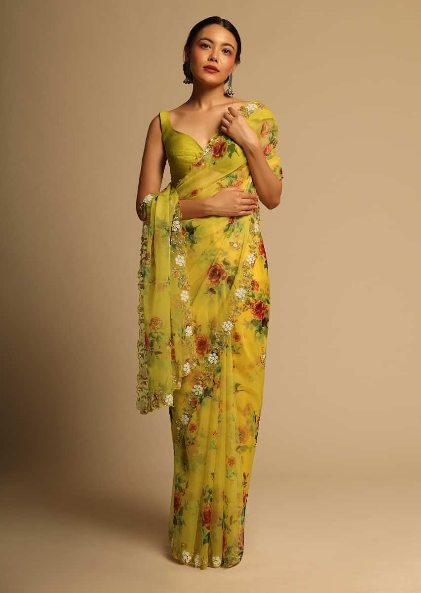 Corn Yellow Saree In Organza With Floral Print All Over And Moti Embroidered Border Along With Unstitched Blouse