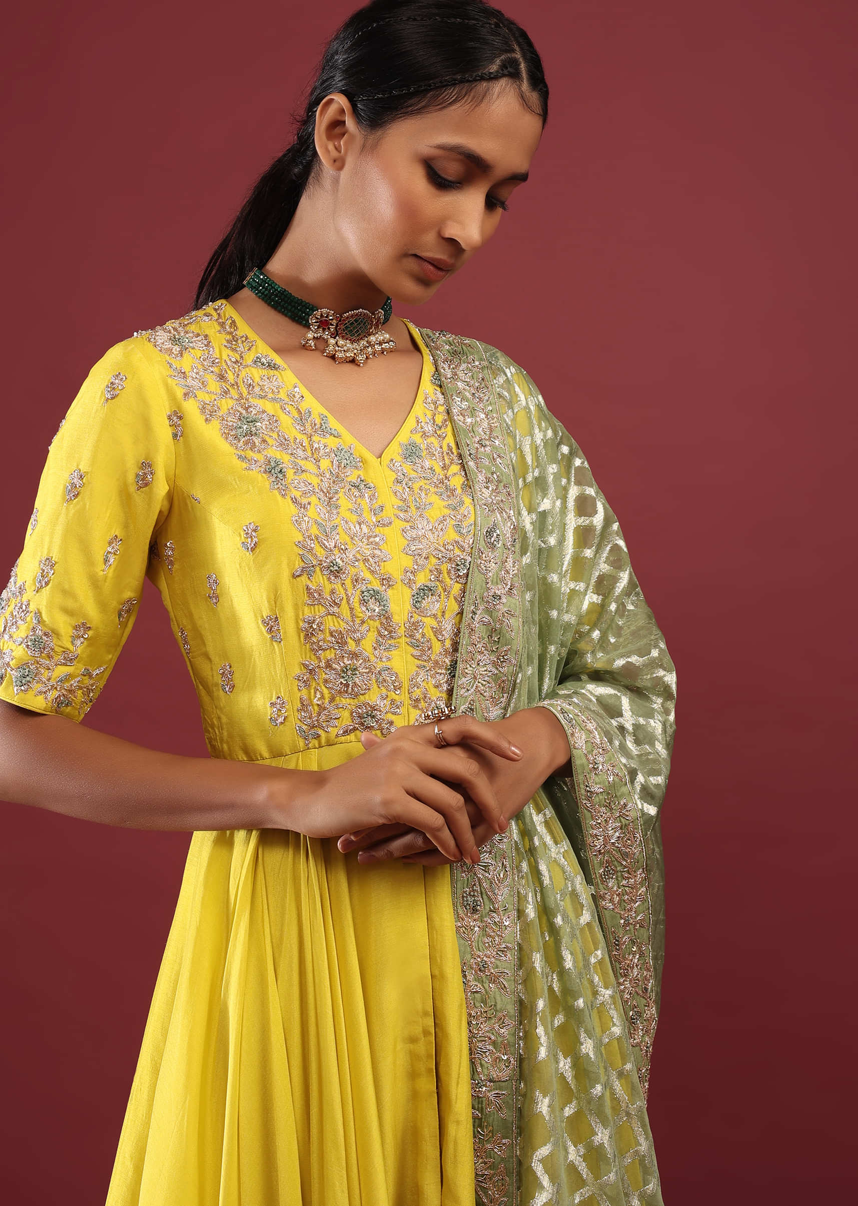 Corn Yellow High Low Anarkali Suit With A Front Slit, Zardosi Embroidered Flowers And Sage Green Lurex Dupatta