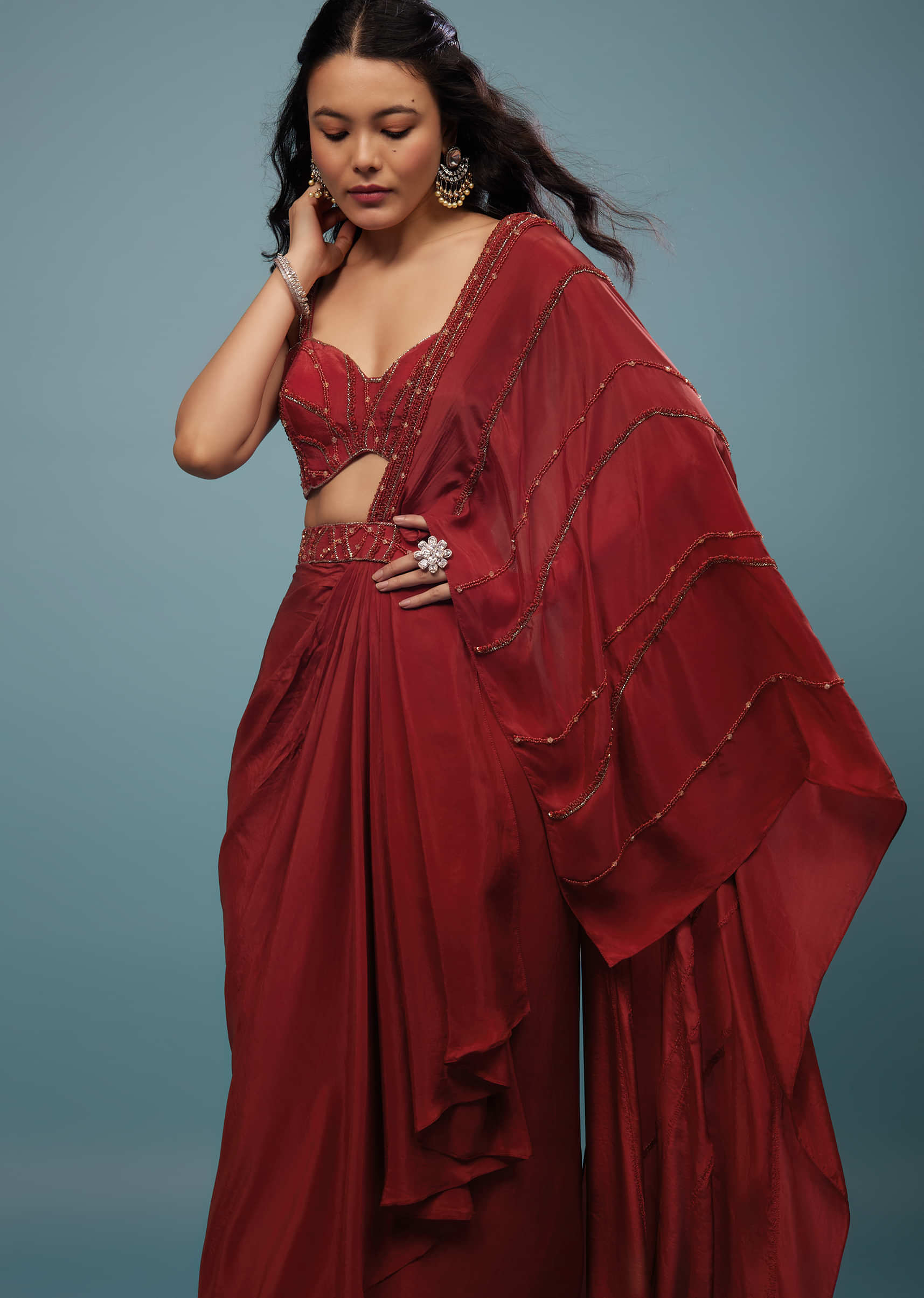 Blood Red Ready-Pleated Embroidered Saree
