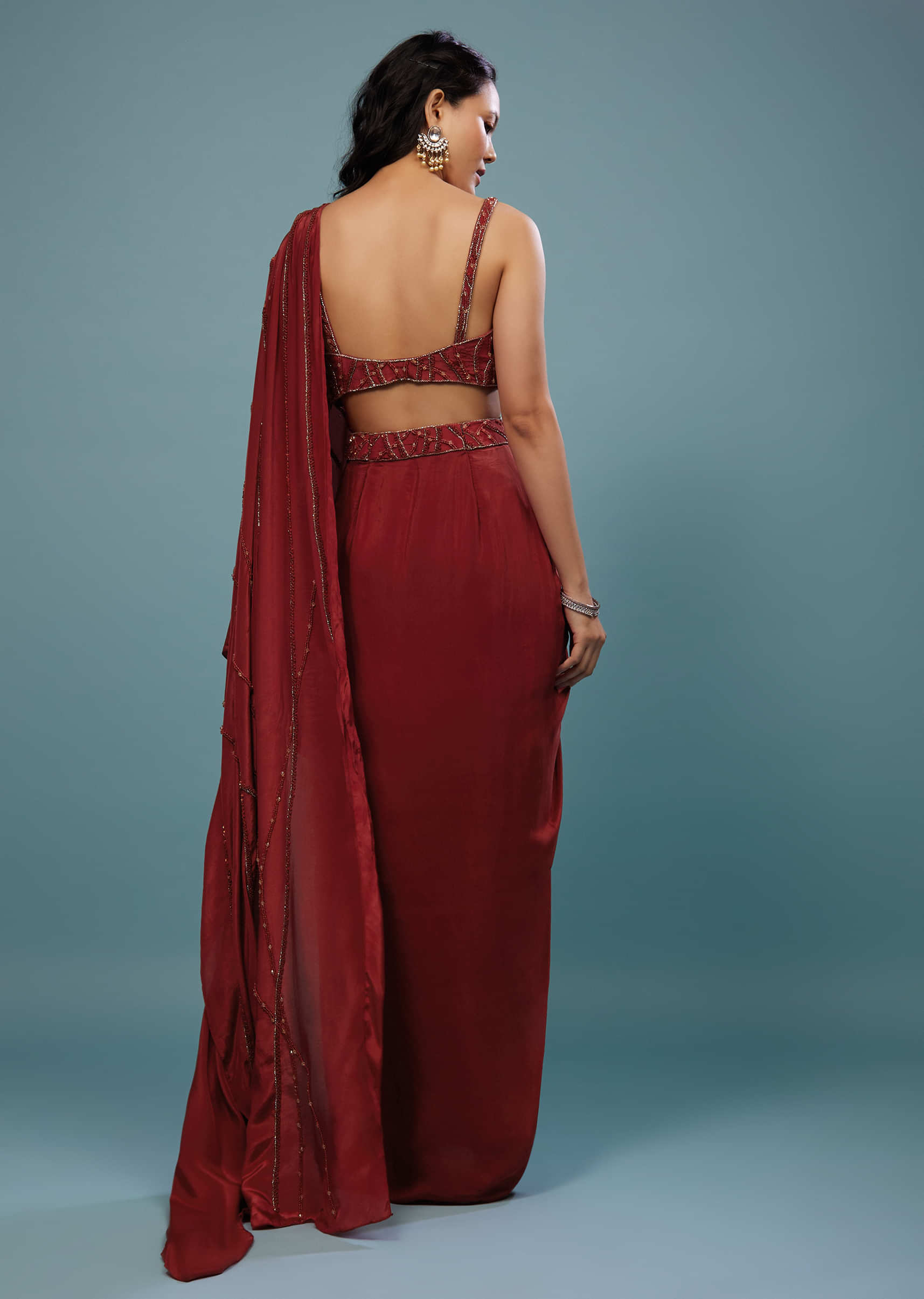 Blood Red Ready-Pleated Embroidered Saree