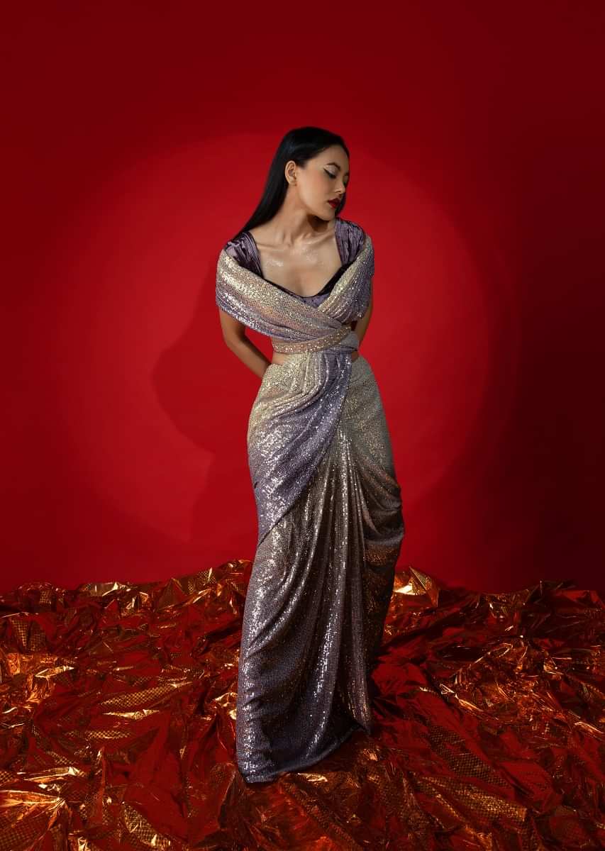 Cream And Lavender Shaded Ready Pleated Saree Embellished In Sequins With Grape Purple Velvet Blouse And Embroidered Belt  