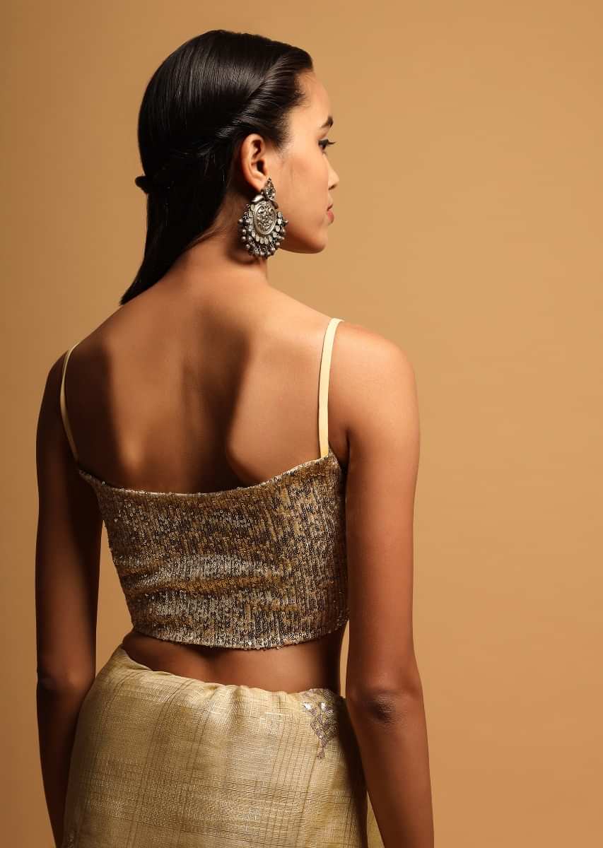 Cream Gold Crop Top Embellished In Sequins Having A Curved Neckline With Notch In The Centre