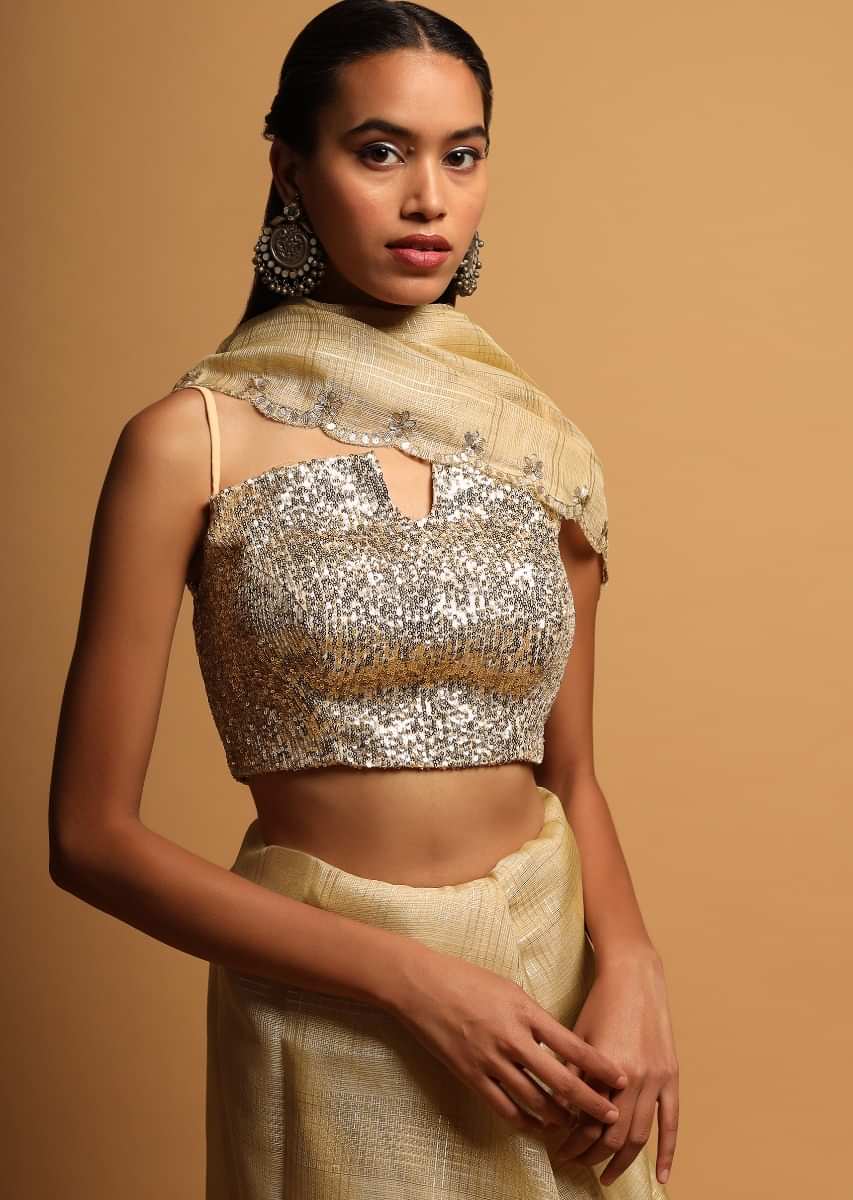 Cream Gold Crop Top Embellished In Sequins Having A Curved Neckline With Notch In The Centre