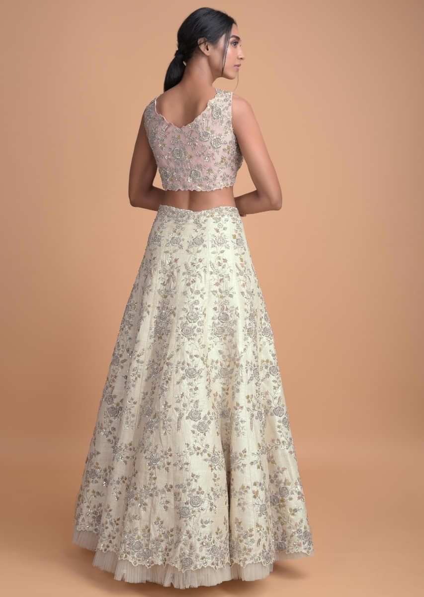 Cream Lehenga In Raw Silk With Hand Embroidered Floral Pattern 