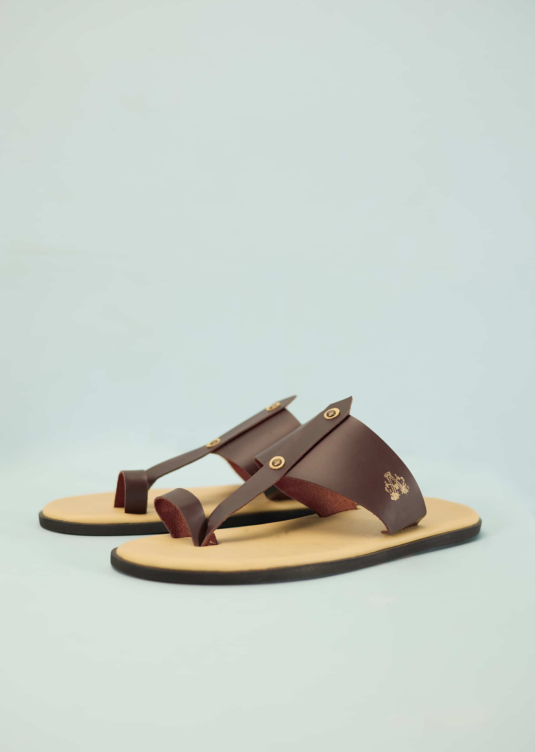 Cream White And Mocha Brown Strappy Slides For Men In Leather With Buttons