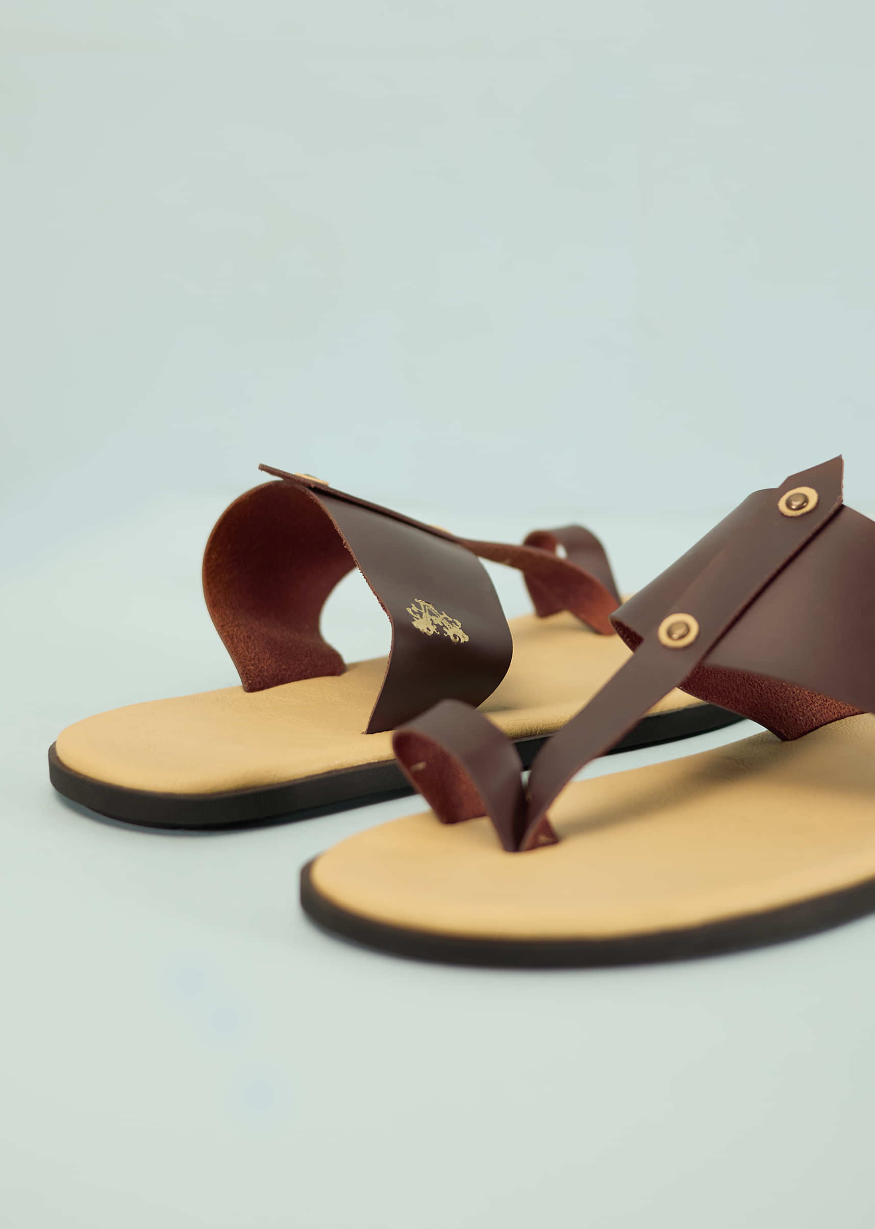 Cream White And Mocha Brown Strappy Slides For Men In Leather With Buttons
