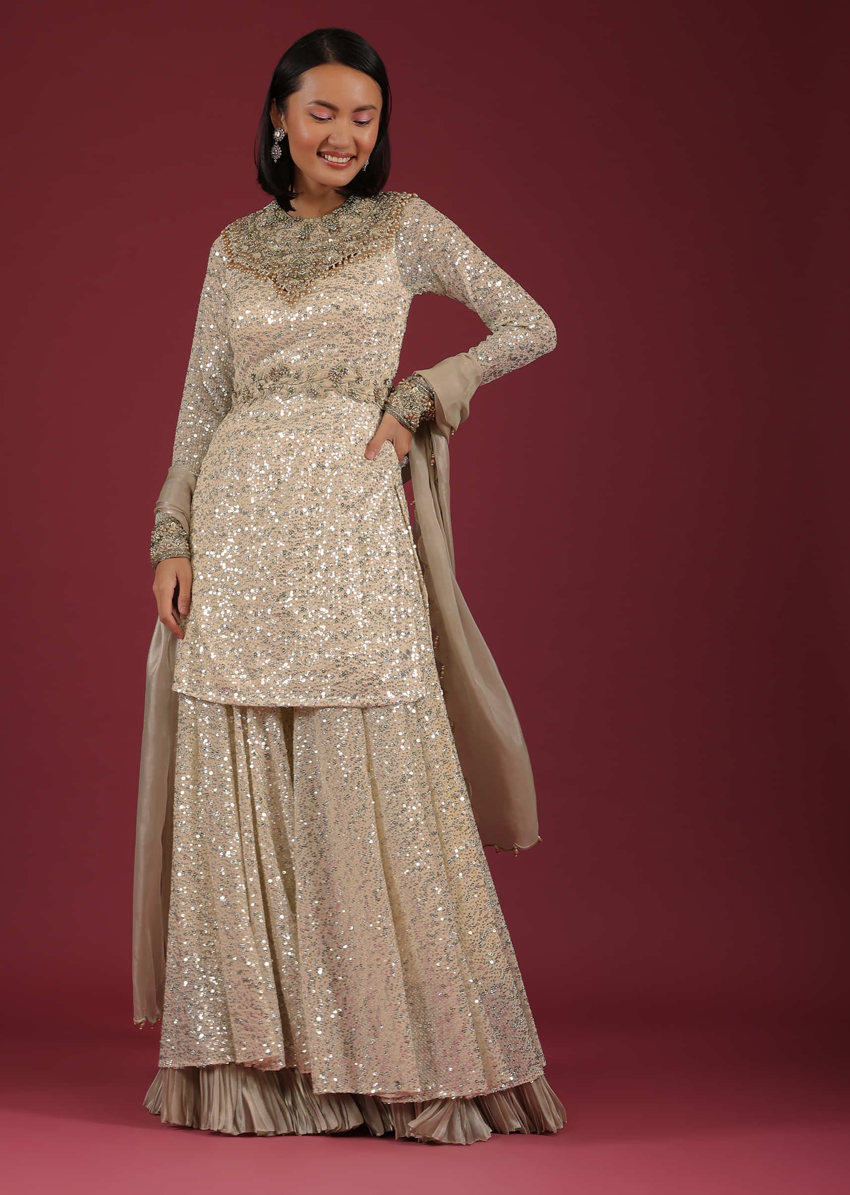 Cream Palazzo And Kurta In Sequins Embroidery, Pants Are Crafted In A Net With Frills On The Bottom 