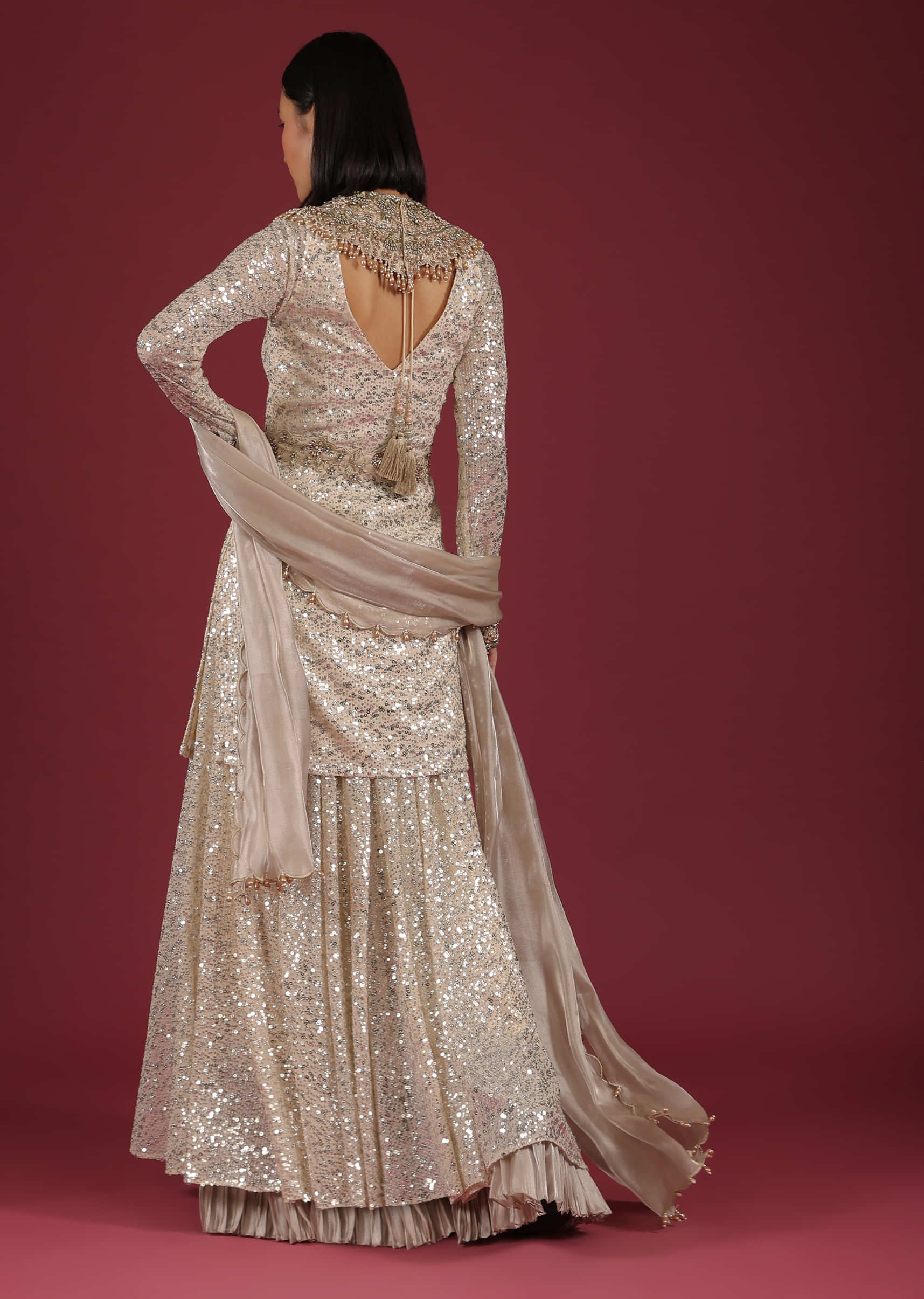 Cream Palazzo And Kurta In Sequins Embroidery, Pants Are Crafted In A Net With Frills On The Bottom 