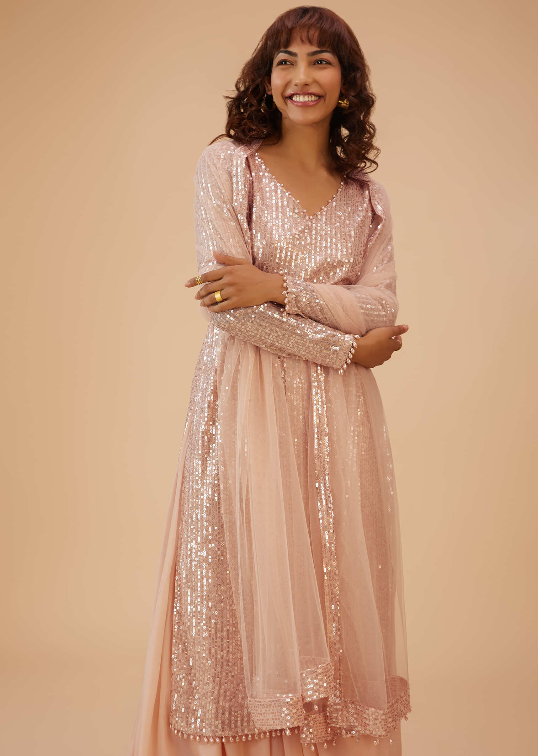 Salmon Pink Palazzo Suit In Sequins