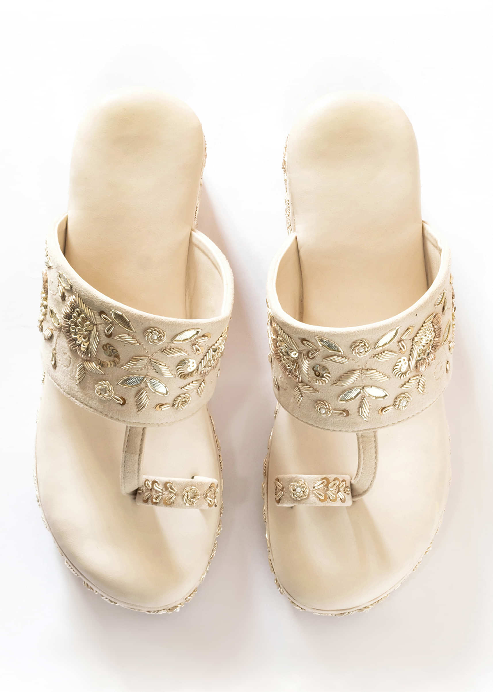 Cream White Thread And Beads Embroidered Wedges