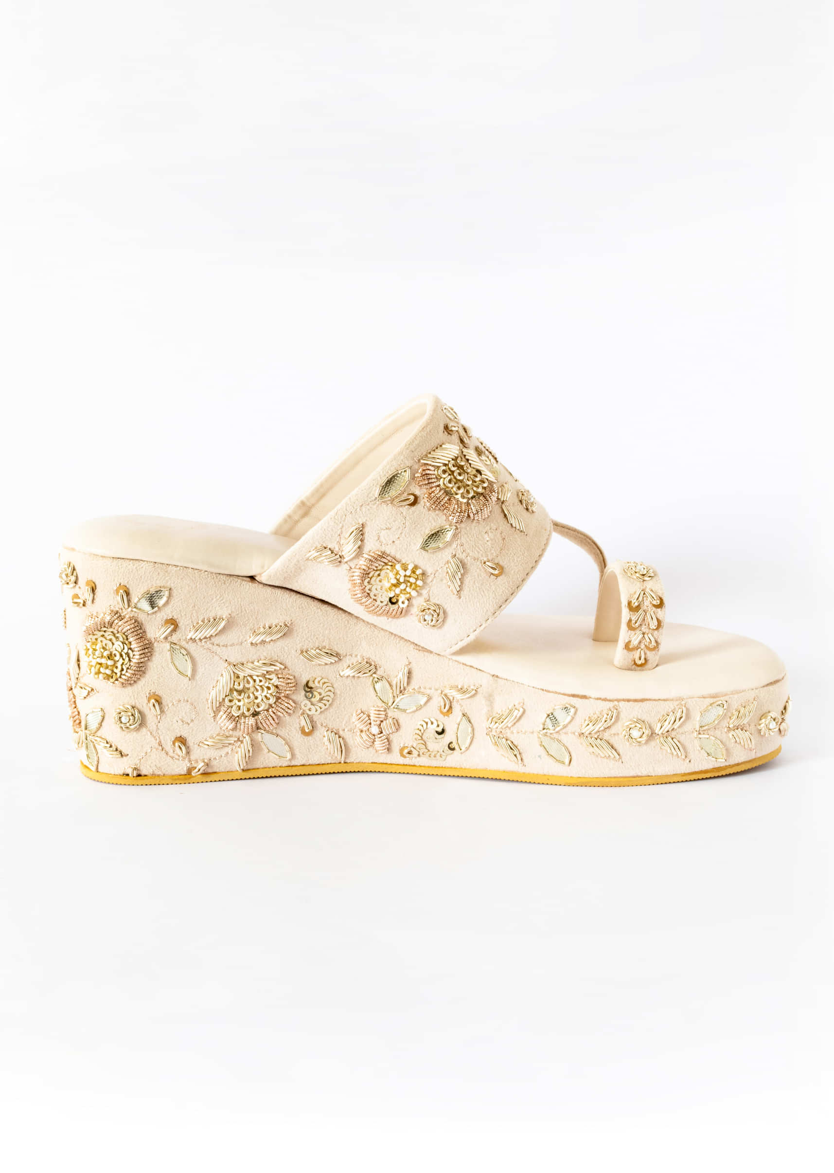 Cream White Thread And Beads Embroidered Wedges