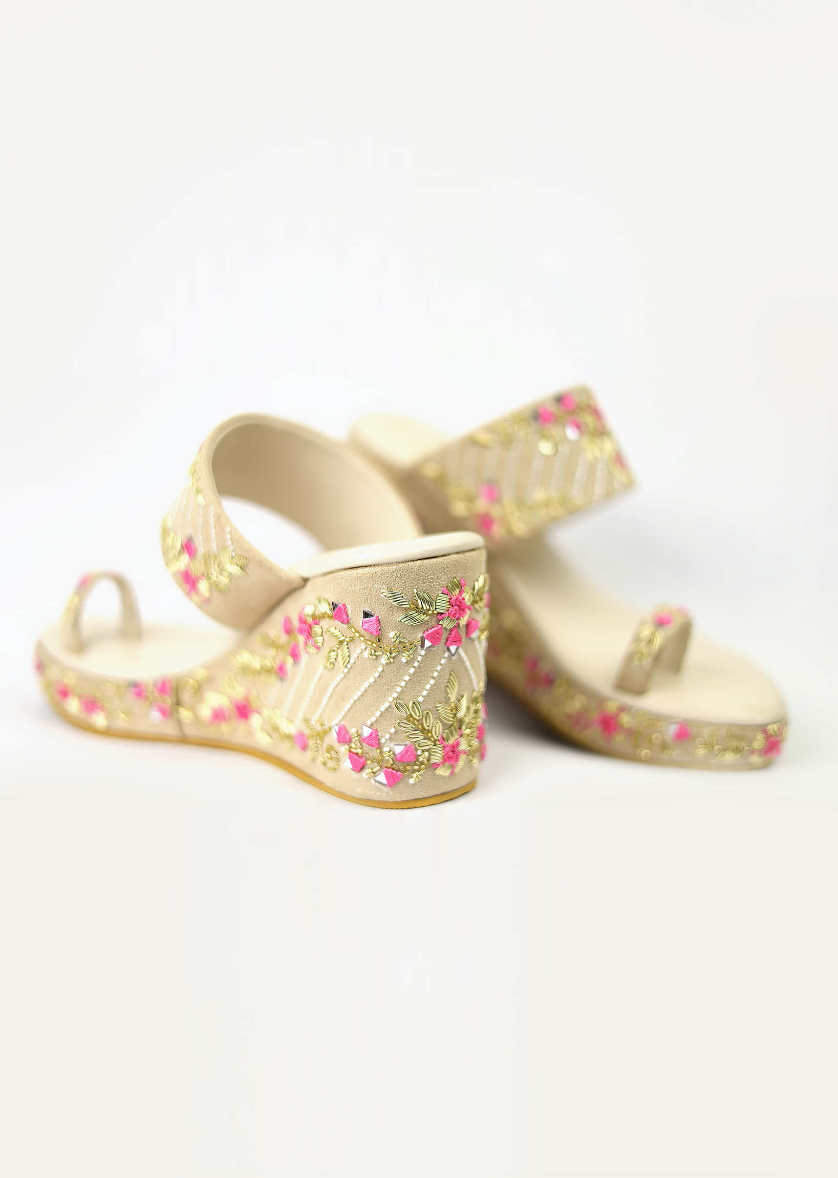 Cream White Thread And Zari Embroidered Suede Wedges