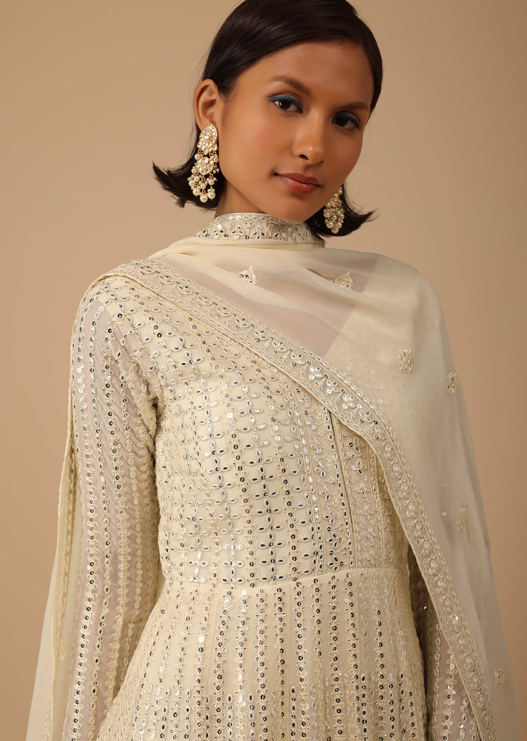 Cream White Anarkali Suit Set In Georgette With With Abla, Resham, And Sequins Embroidery