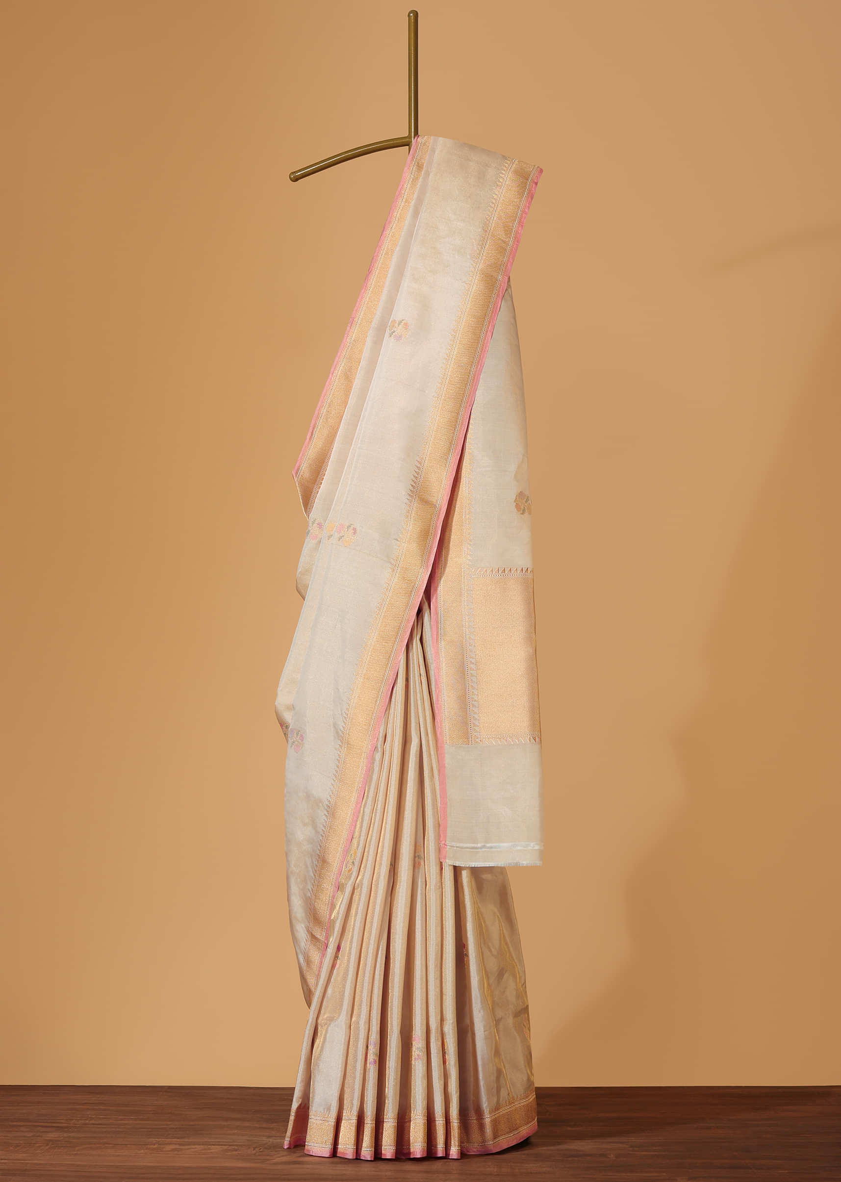 Cream White Handloom Banarasi Saree In Uppada Silk With Kadhva Meenakari Weave