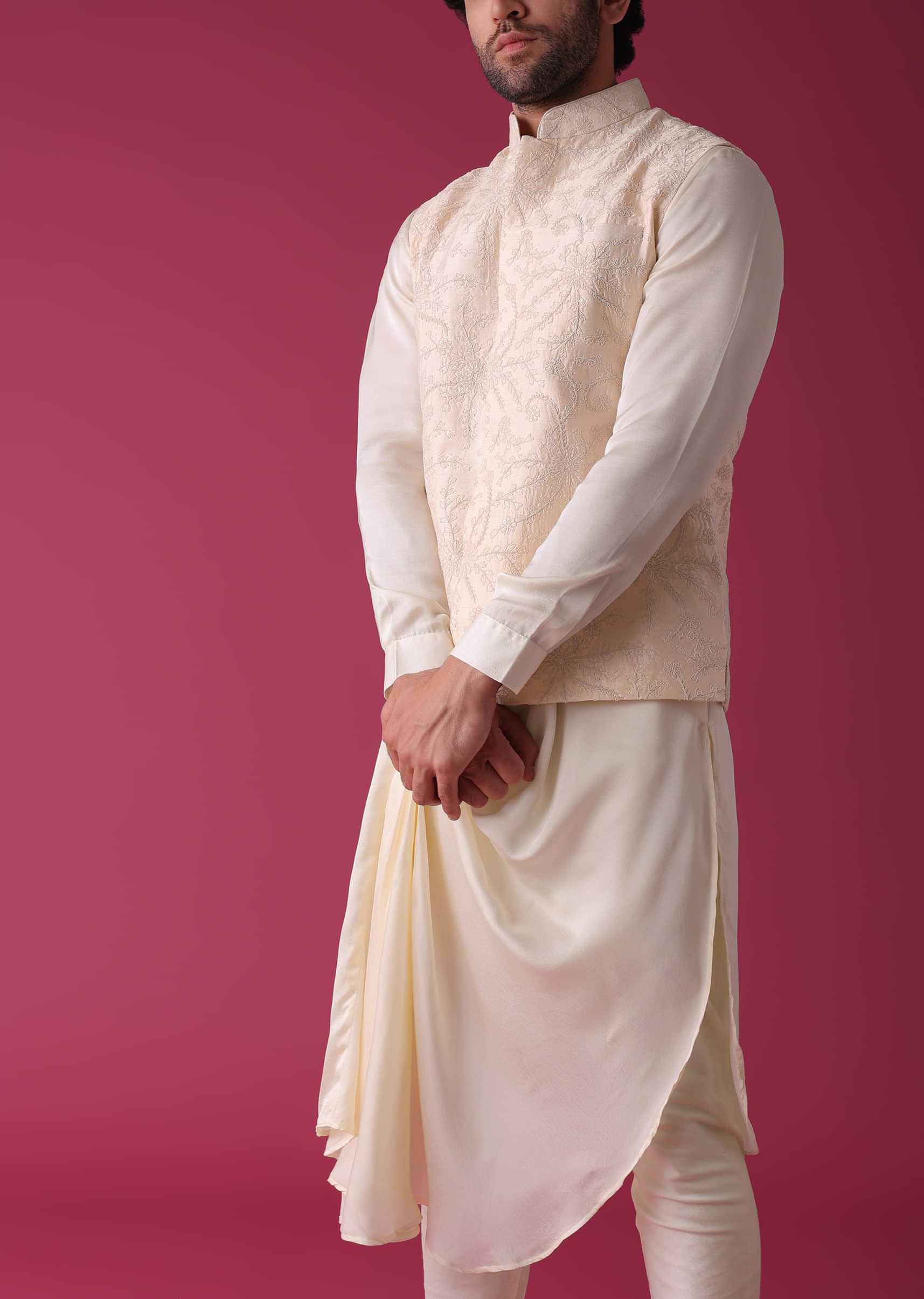 Cream White Jacket Kurta Set In Tussar Silk With Embroidery