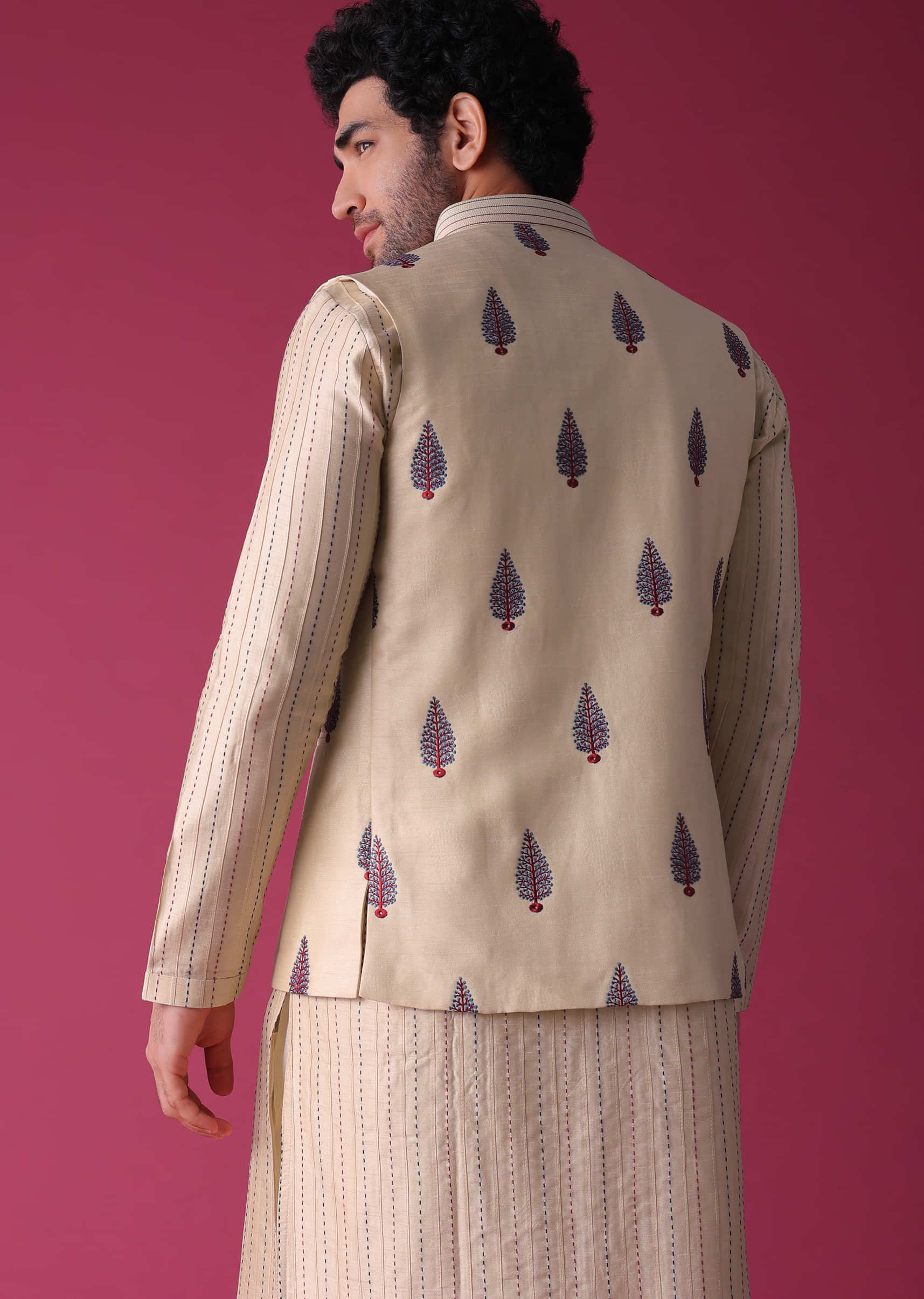 Cream White Jacket Kurta Set In Art Silk With Threadwork