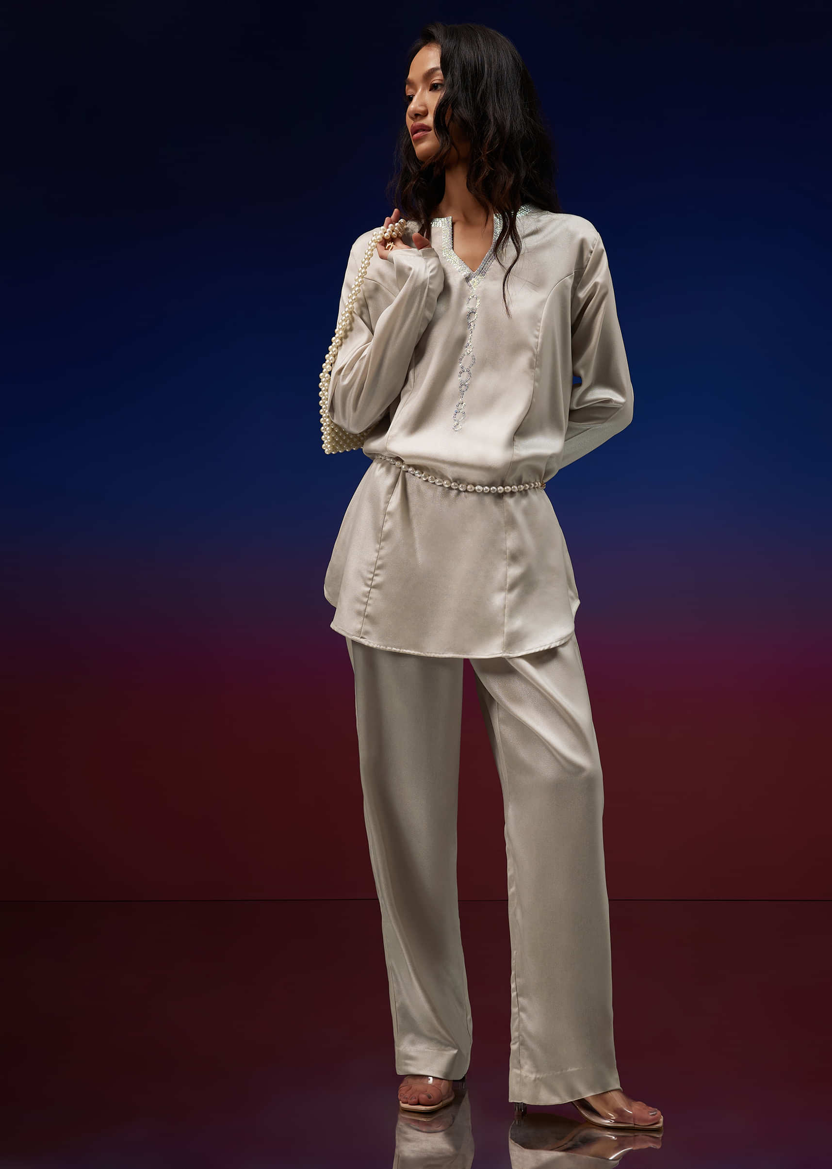 Cream White Kurta Pant Set In Silver Foil Fabric With Tiki Work