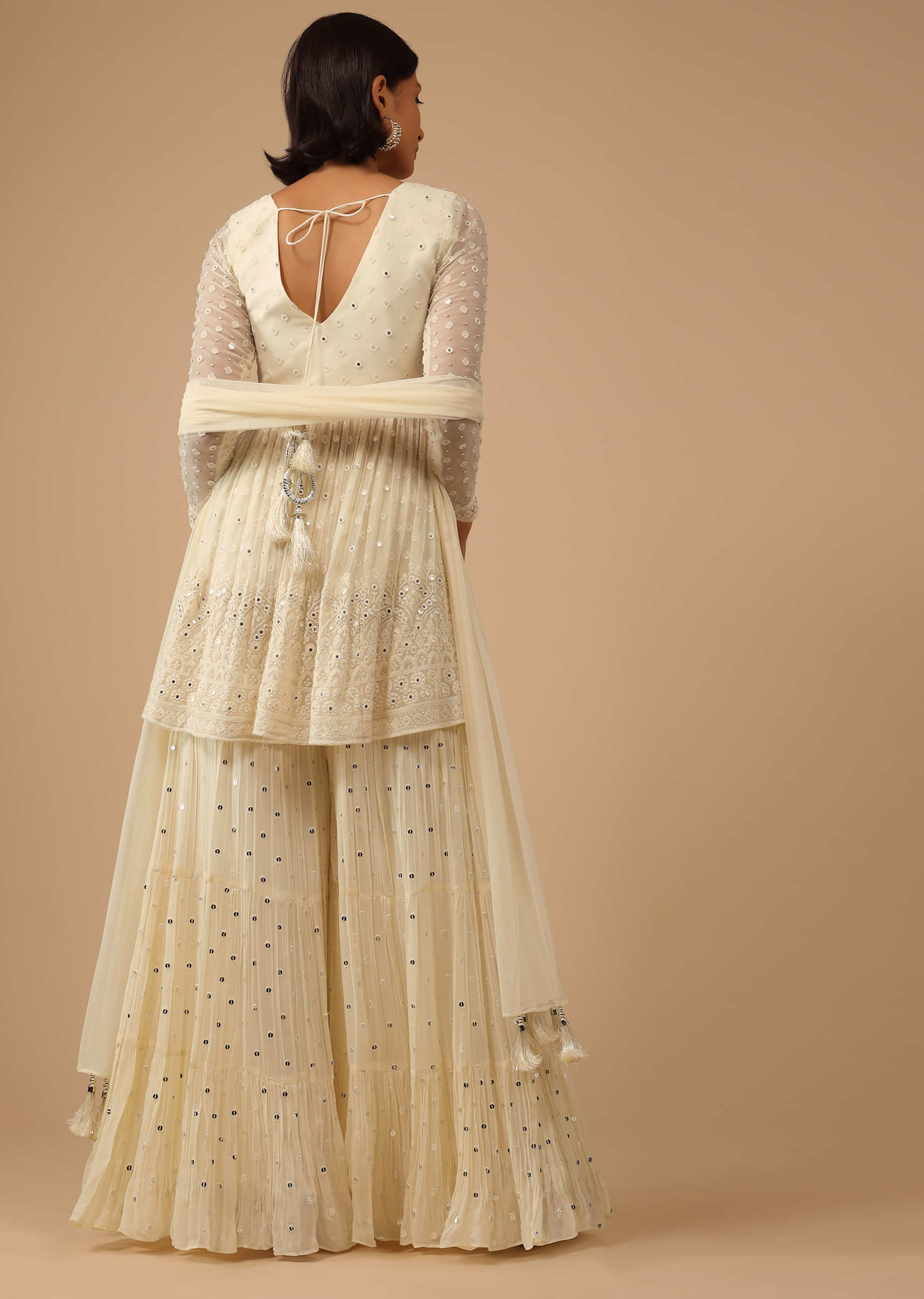 Cream White Sharara Suit Set In Georgette With Lucknowi Embroidery
