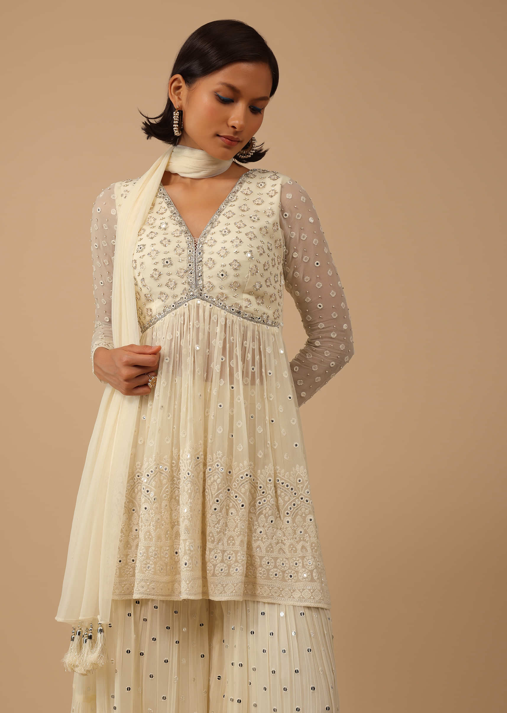 Cream White Sharara Suit Set In Georgette With Lucknowi Embroidery