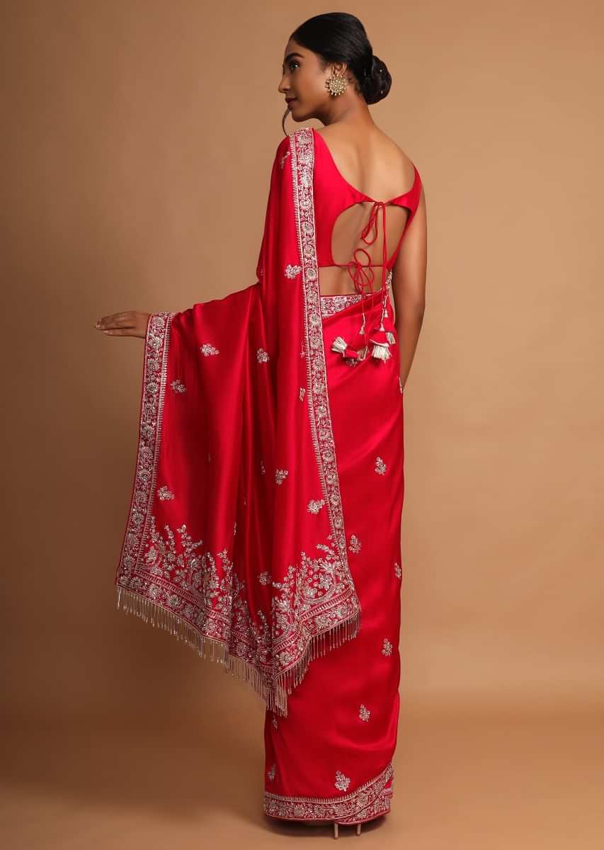 Crimson Red Saree In Dupion Silk With Cut Dana And Zari Embroidered Floral Buttis And Border