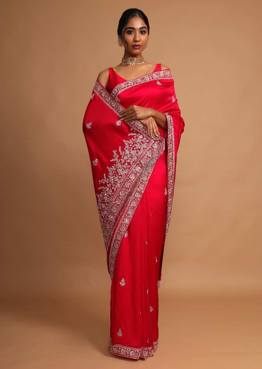 Crimson Red Saree In Dupion Silk With Cut Dana And Zari Embroidered Floral Buttis And Border