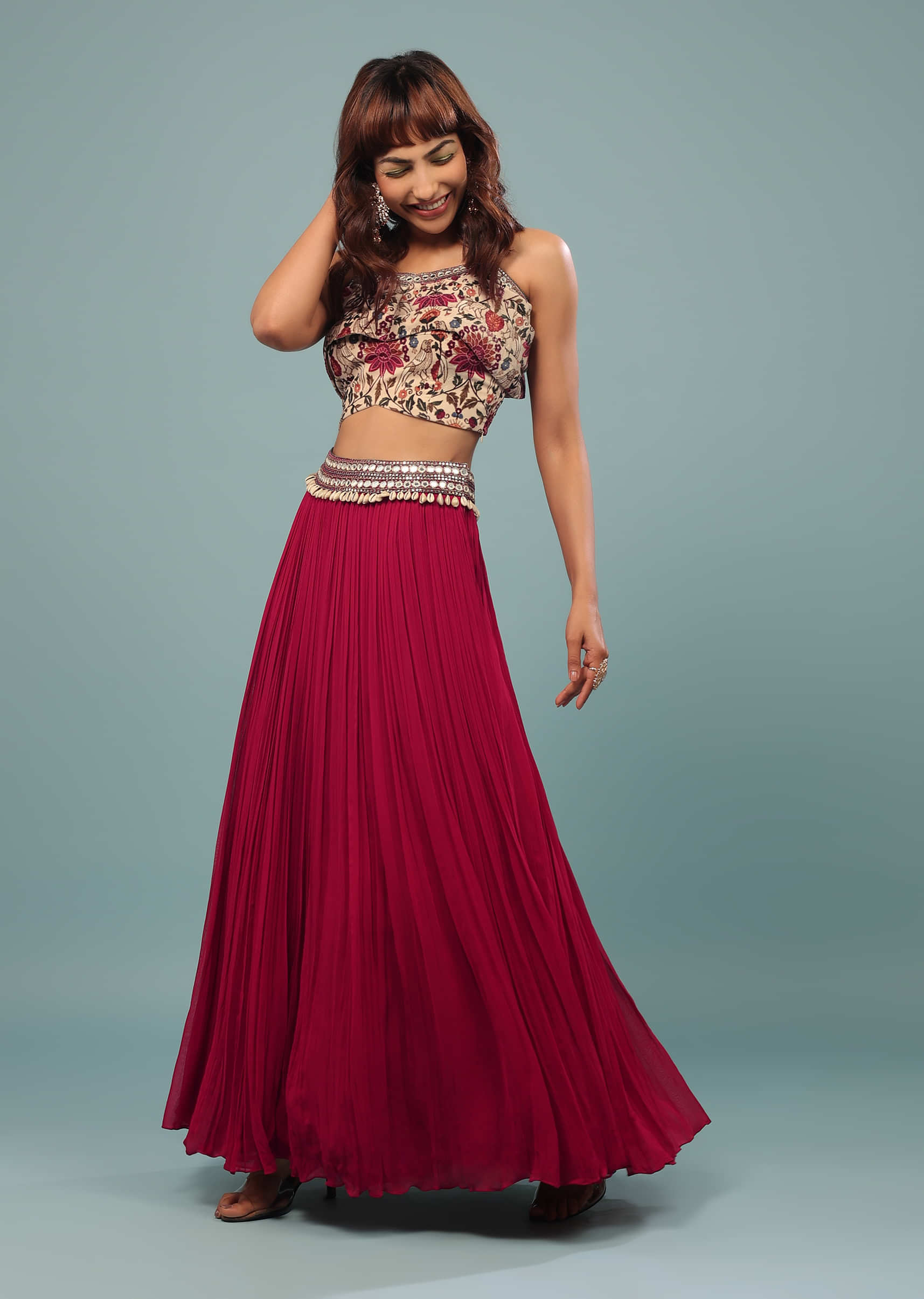 Cherry Red Embroidered Skirt And Crop-Top Set In Georgette