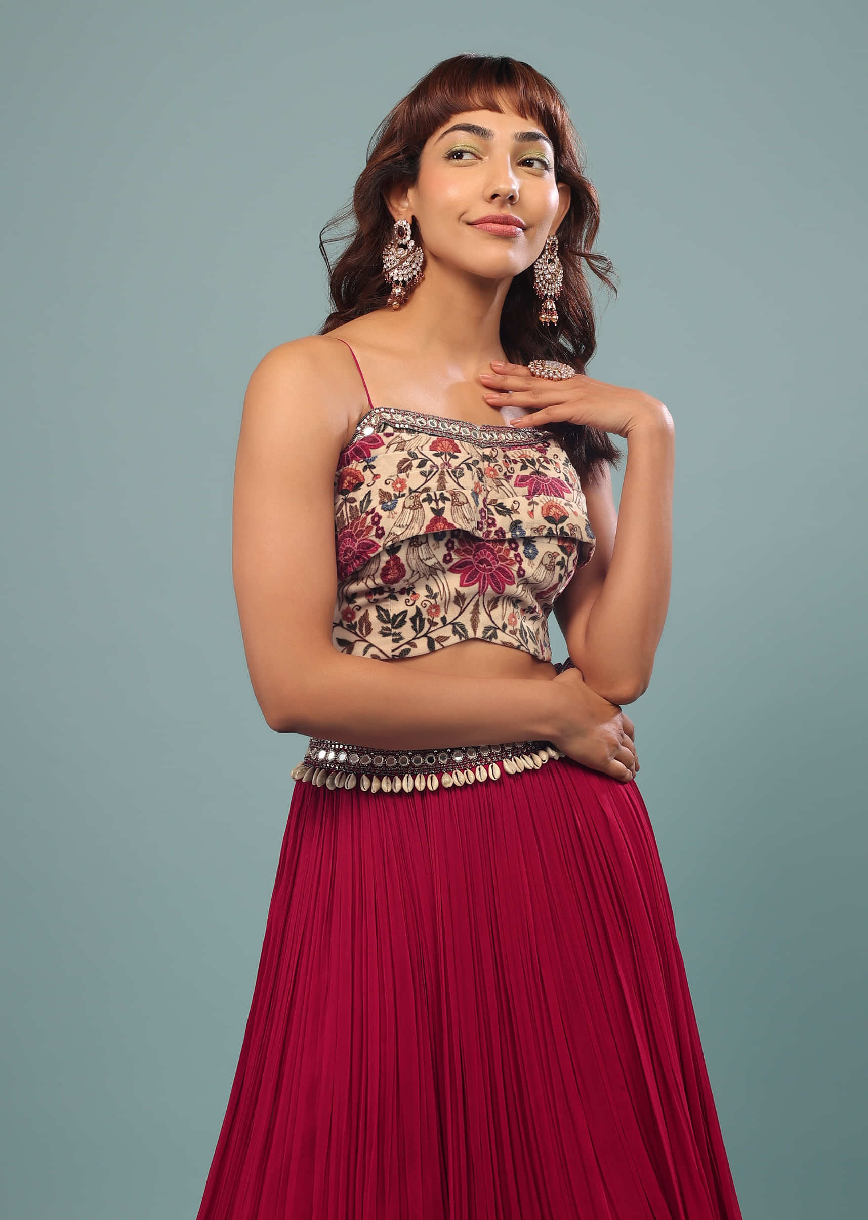 Cherry Red Embroidered Skirt And Crop-Top Set In Georgette