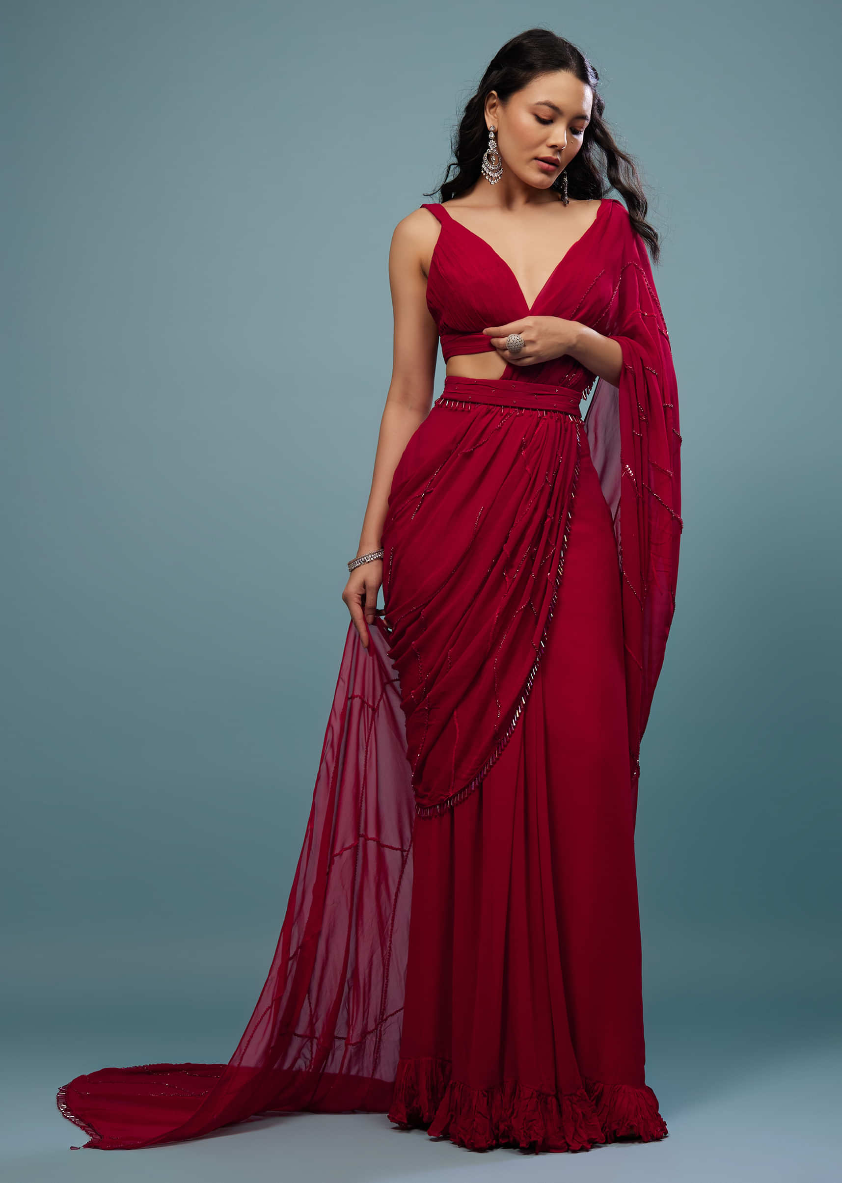 Blood Red Ready-Pleated Saree In Georgette