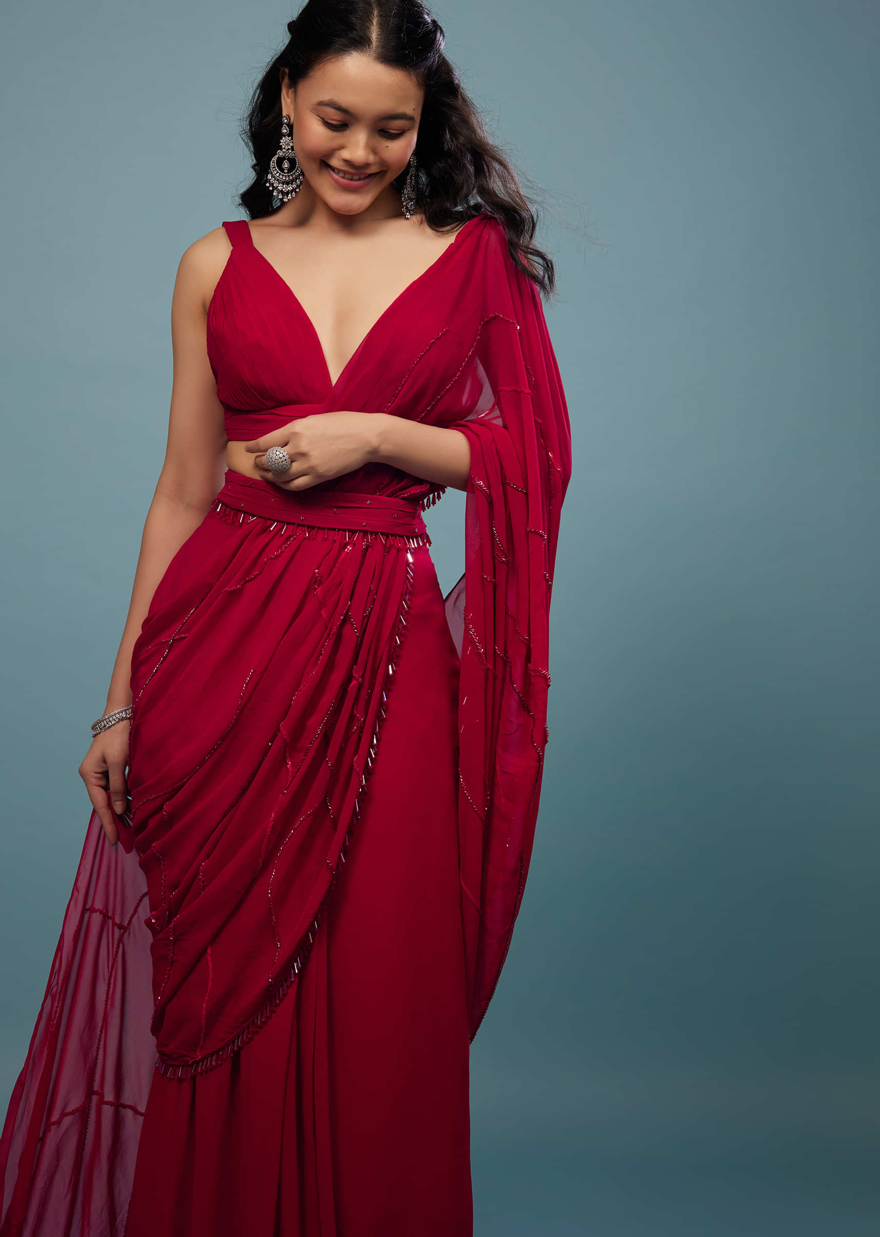 Blood Red Ready-Pleated Saree In Georgette