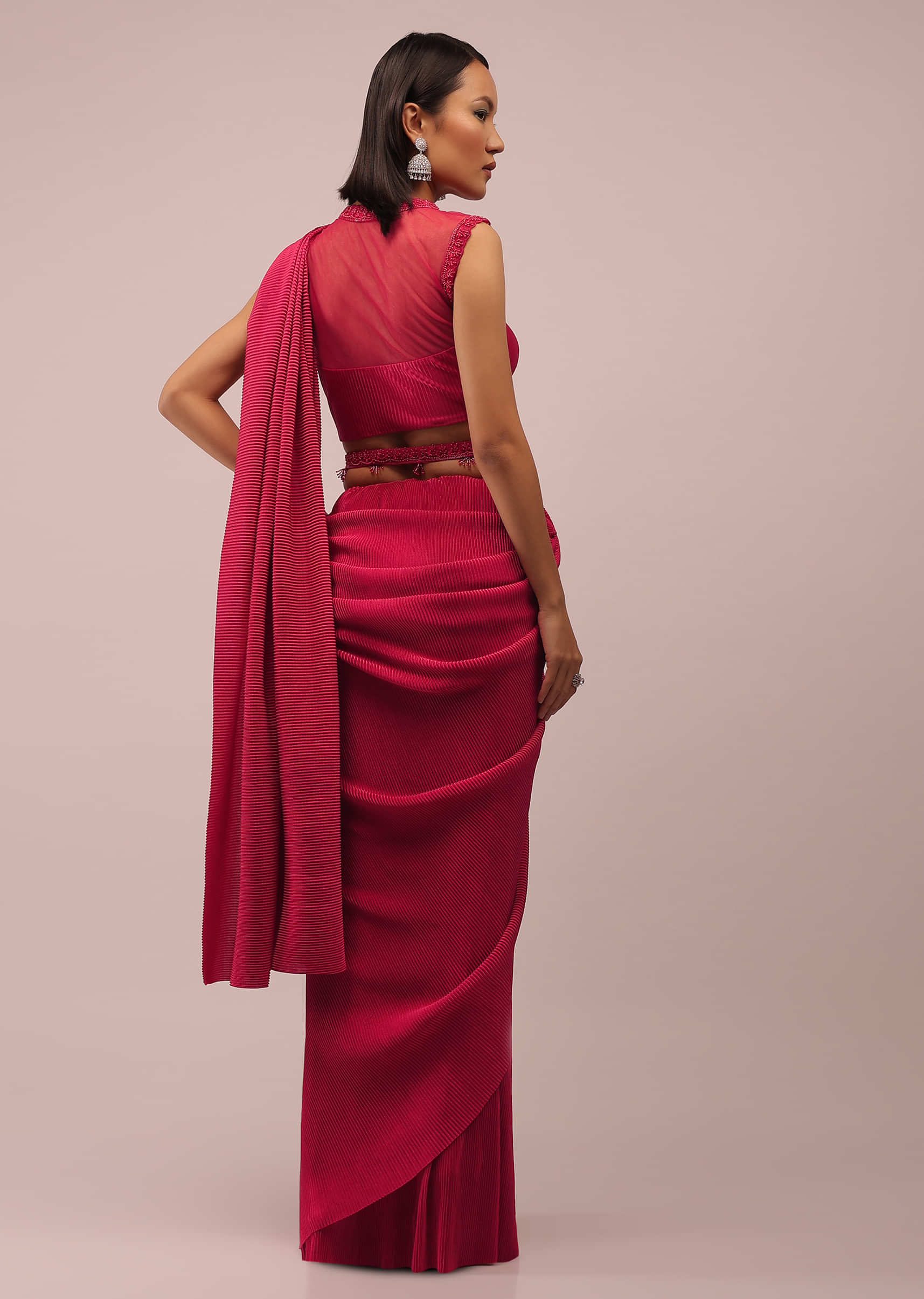 Crimson Red Saree In Crush With A Crop Top In The Illusioned Neckline, Paired With A Belt In Cut Dana And Moti Embroidery