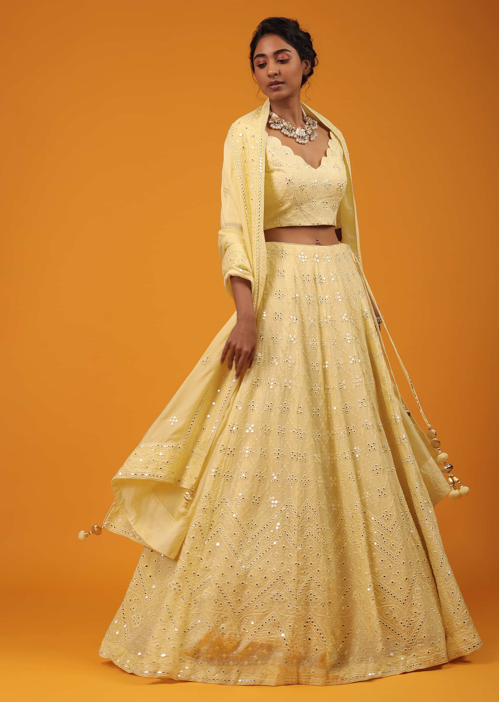 Custard Yellow Cotton Silk Crop Top & Lehenga Set With Lucknowi Embroidery