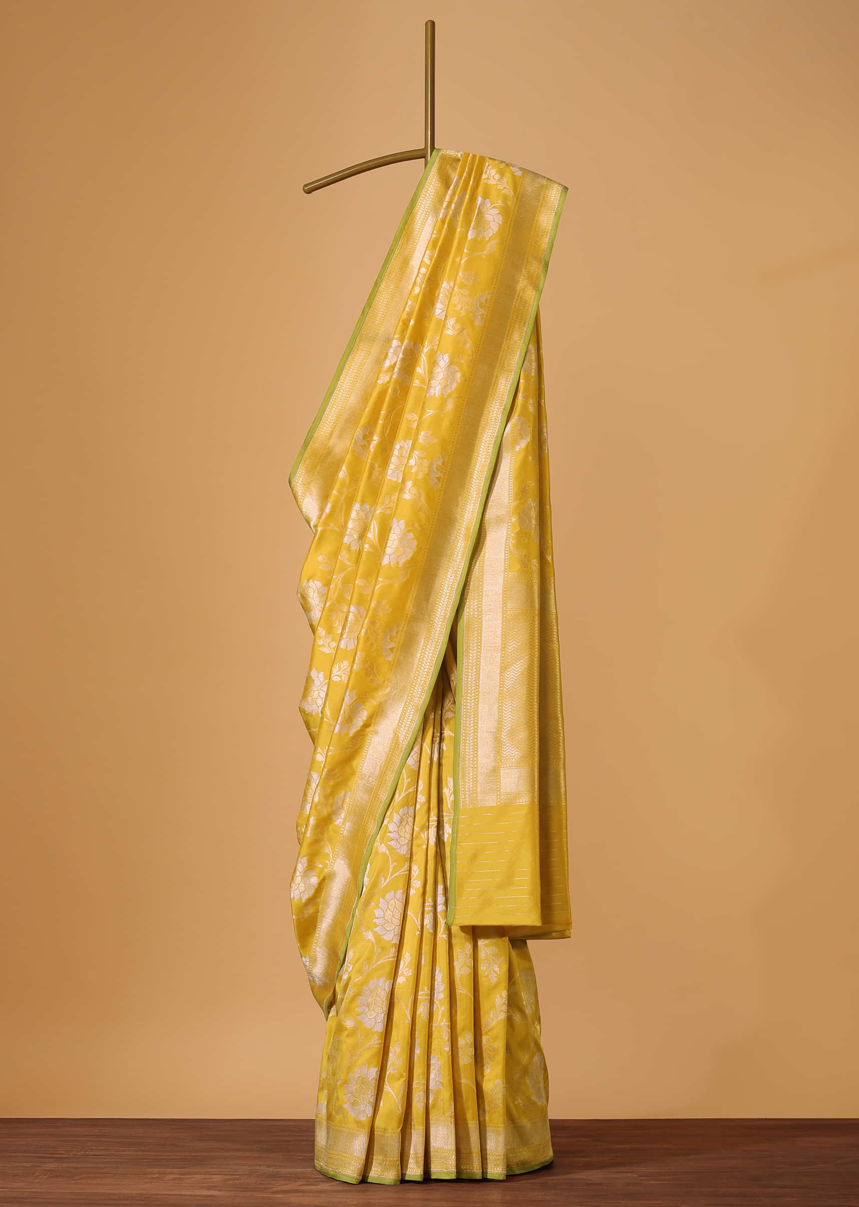 Cyber Yellow Handloom Banarasi Saree In Upada Silk With Silver And Gold Zari Jaal Weave
