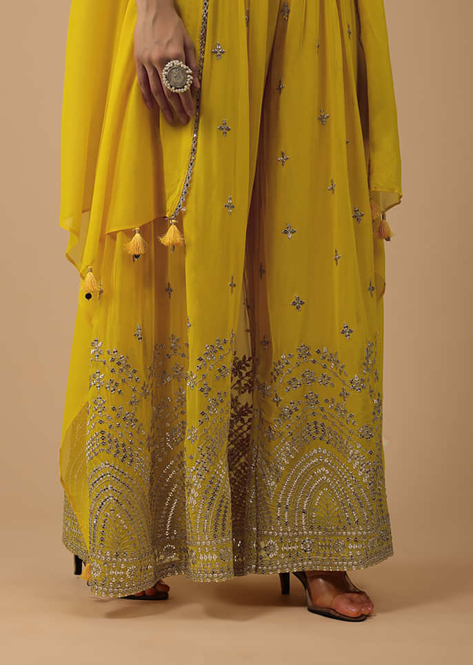 Cyber Yellow Palazzo Suit In Georgette Adorned With Mirror And Sequins Embroidery