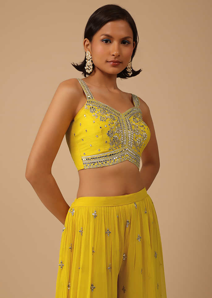 Cyber Yellow Palazzo Suit In Georgette Adorned With Mirror And Sequins Embroidery