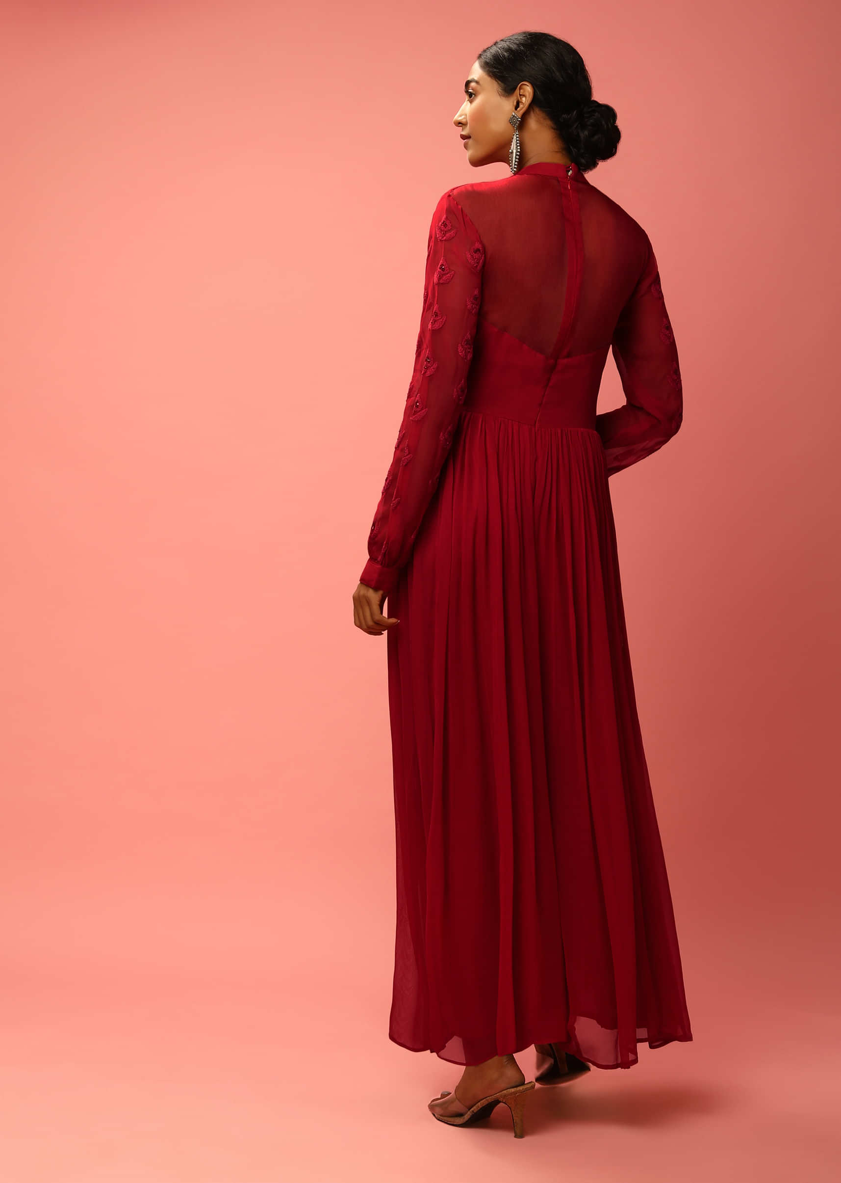 Deep Rose Red Jumpsuit In Georgette With Thread And Sequins Embroidered Buttis And Full Sleeves  