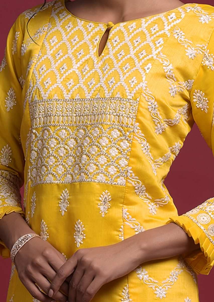 Daffodil Yellow Straight Cut Suit In Cotton With Thread And Sequins Work In Floral Ethnic Pattern And Buttis Online - Kalki Fashion