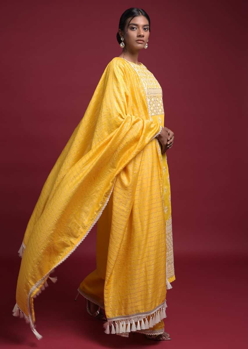 Daffodil Yellow Straight Cut Suit In Cotton With Thread And Sequins Work In Floral Ethnic Pattern And Buttis Online - Kalki Fashion