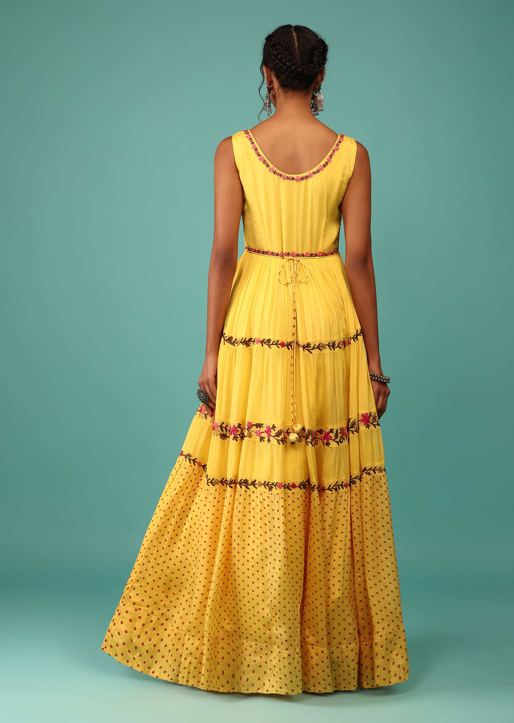 Canary Yellow Flowy Dress In Chiffon With Floral Kashmiri Thread Work And Embroidery