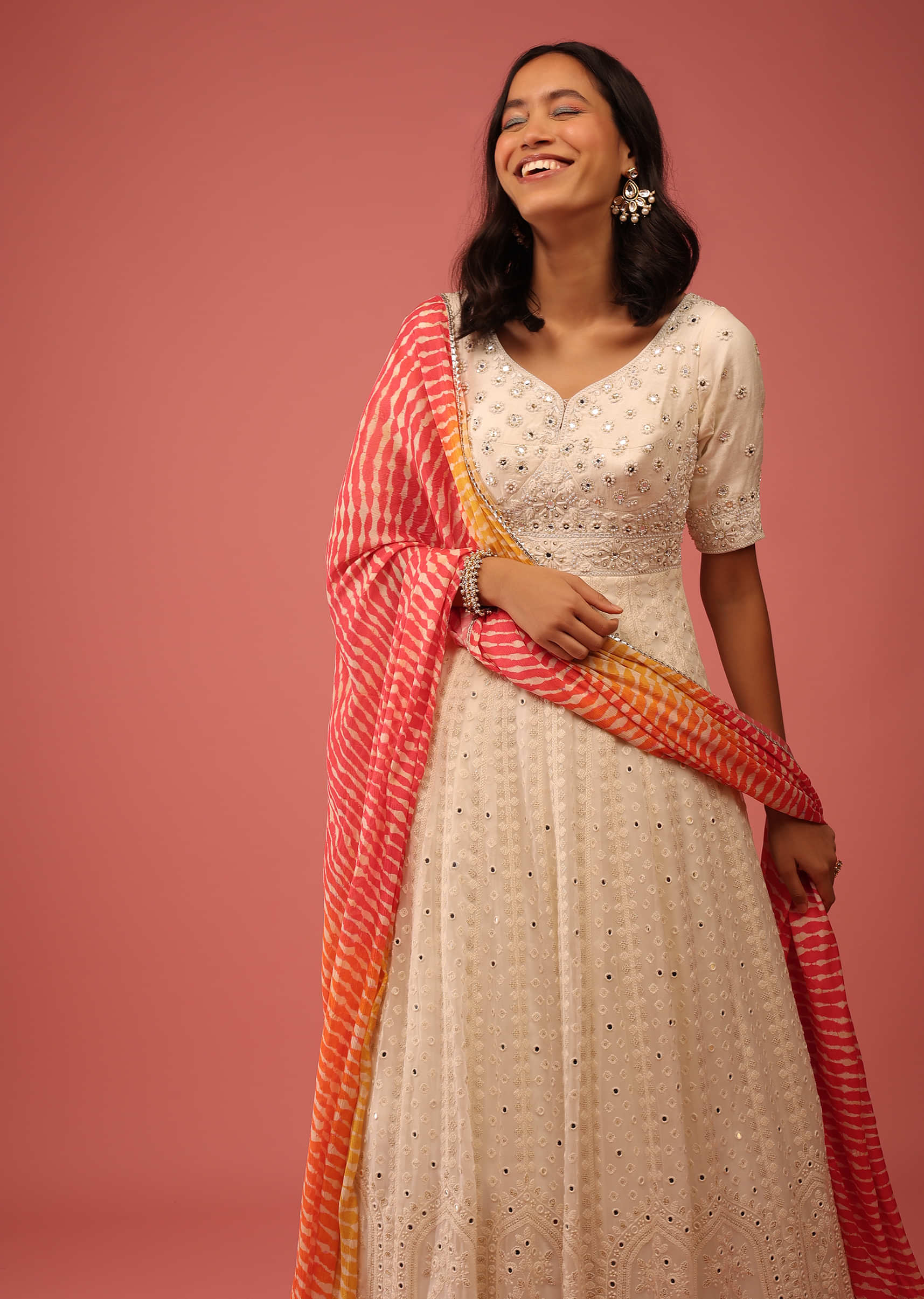 Daisy White Anarkali Suit In Georgette With Lucknowi Thread Embroidery And Contrasting Lehariya Dupatta