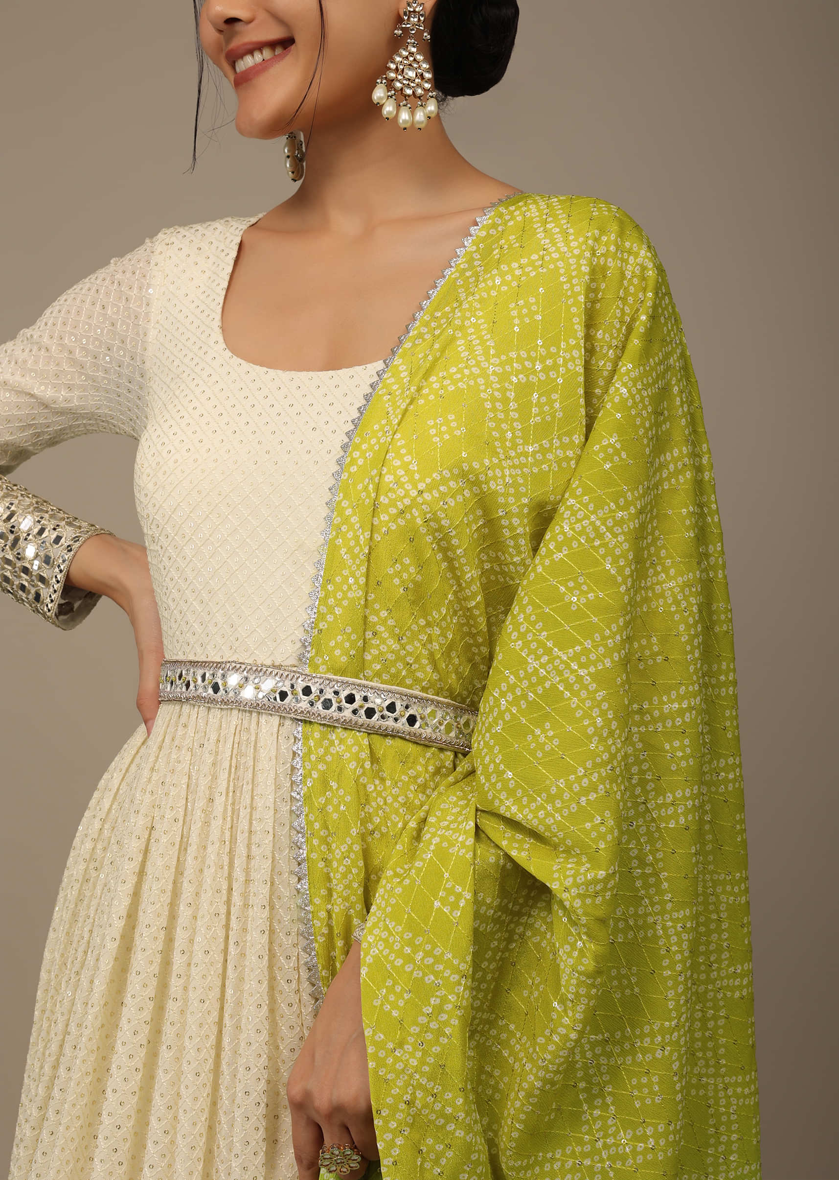 Daisy White Embroidered Anarkali Suit In Georgette With Yellow-Green Ombre Bandhani Dupatta