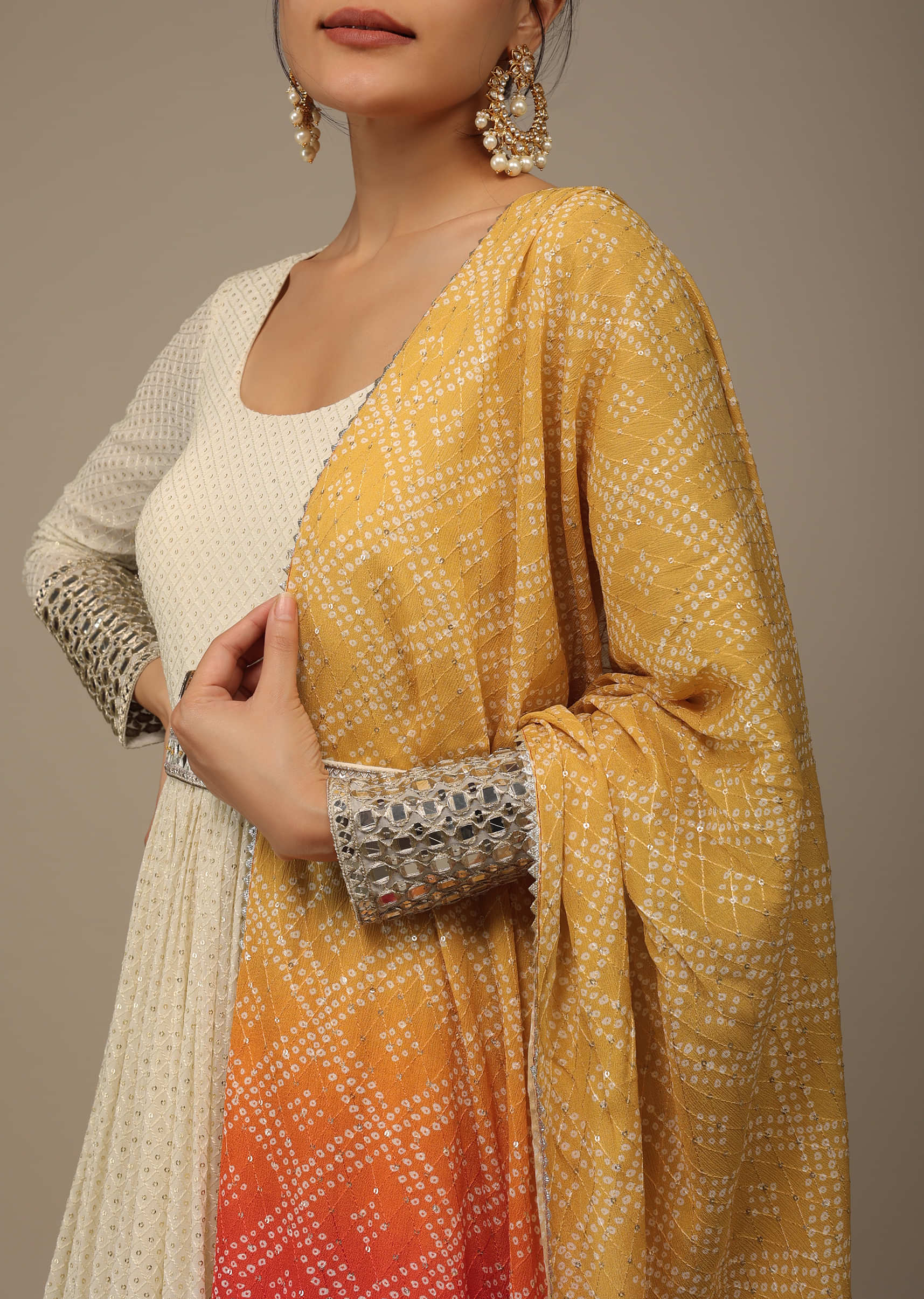 Daisy White Embroidered Anarkali Suit In Georgette With Yellow-Orange Ombre Bandhani Dupatta