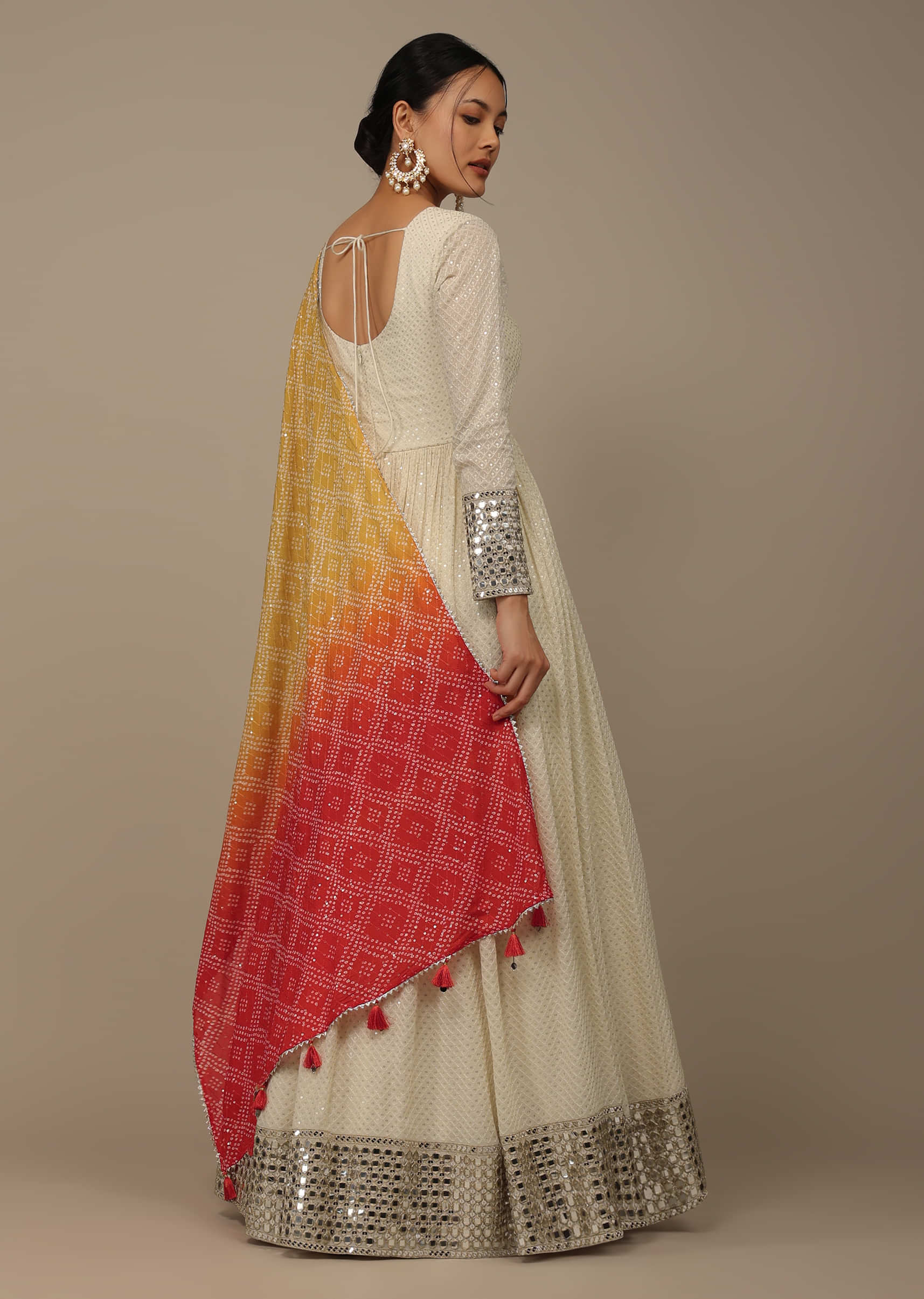 Daisy White Embroidered Anarkali Suit In Georgette With Yellow-Orange Ombre Bandhani Dupatta