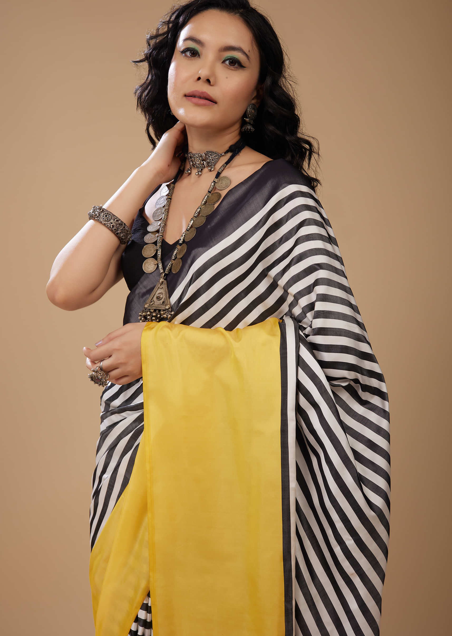 Bright Yellow Satin Printed Saree With Black And White Stripes