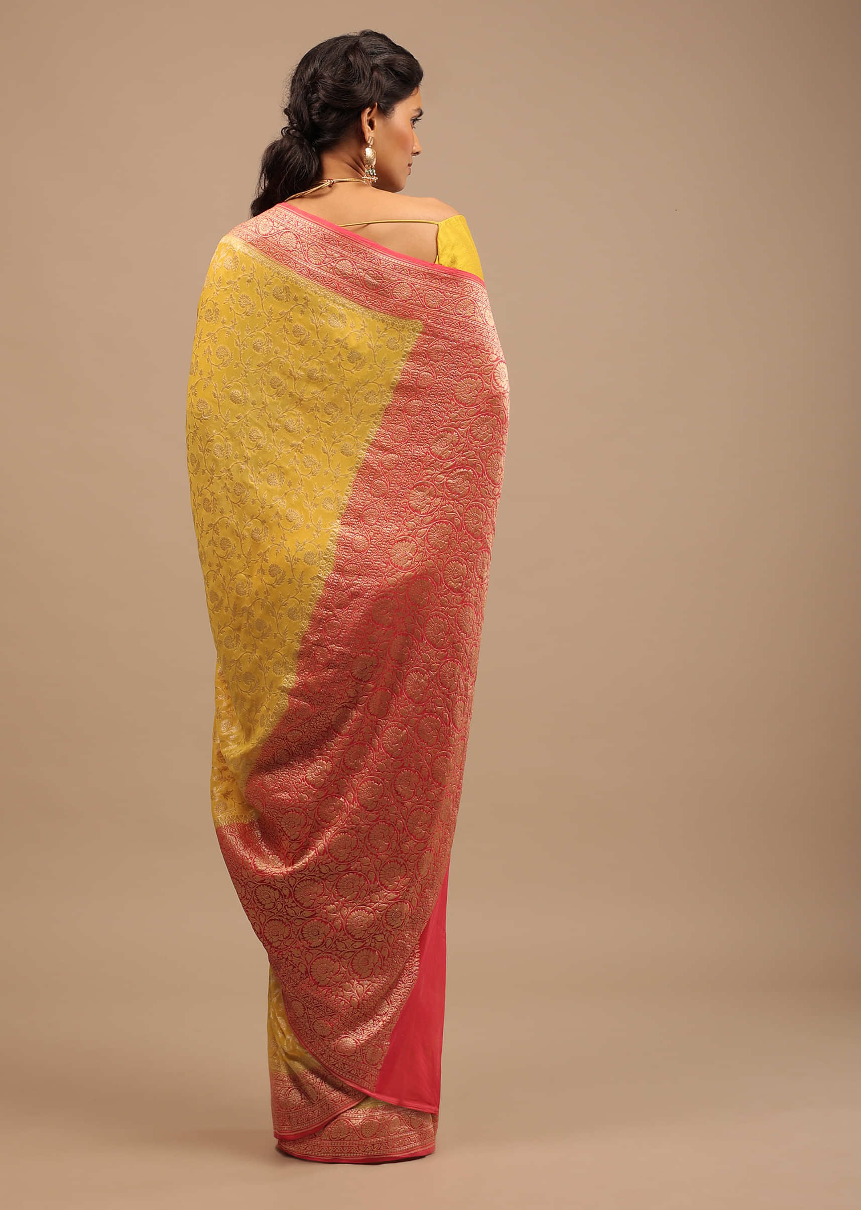 Canary Yellow Traditional Georgette Saree With Orange Brocade Border And Jaal Work