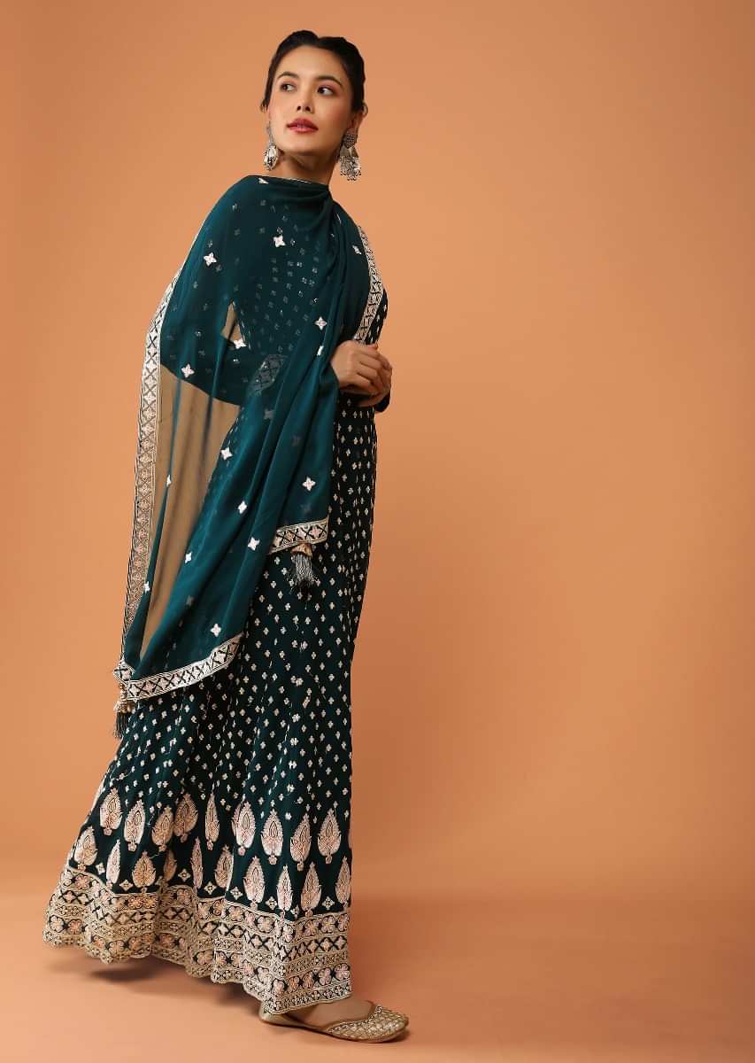 Dark Teal Anarkali Suit In Georgette With Resham And Sequins Embroidered Buttis And Border Design  