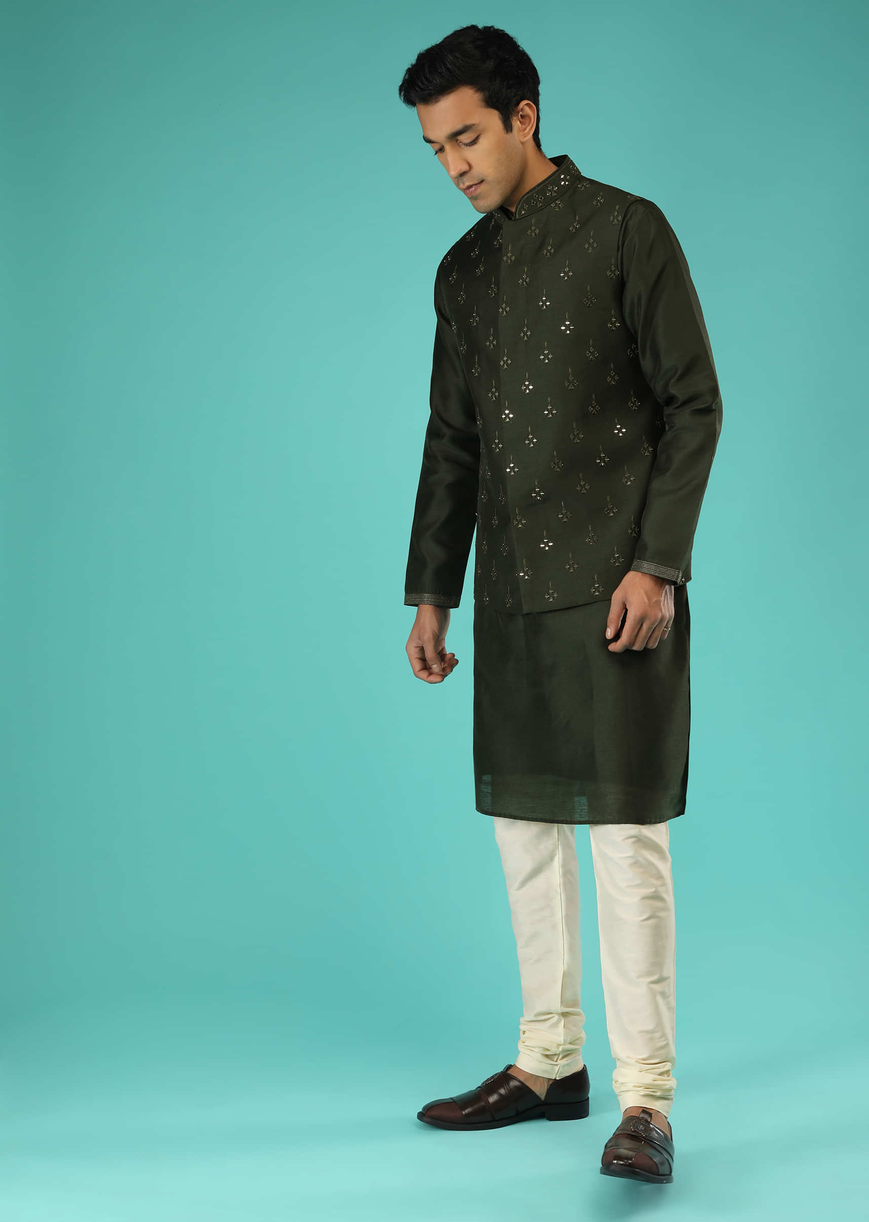 Dark Green Nehru Jacket And Kurta Set In Raw Silk With Resham And Mirror Abla Embroidered Geometric Buttis